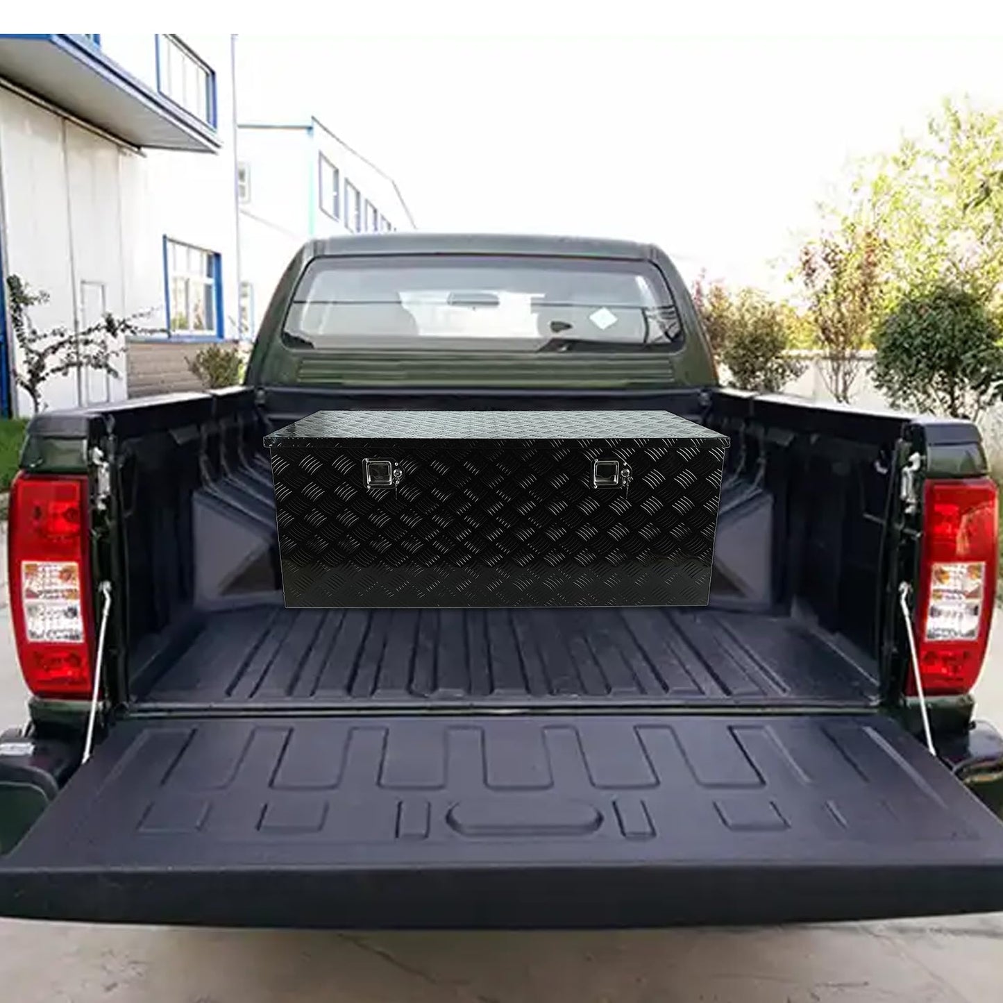 caqeg 48 Inch Heavy Duty Aluminum Stripes Plated Tool Box Pick Up Truck Bed RV Trailer Toolbox Square Storage Organizer with Side Handle, Lock and Keys, Waterproof -48"x 19.5"x 17.5", Black