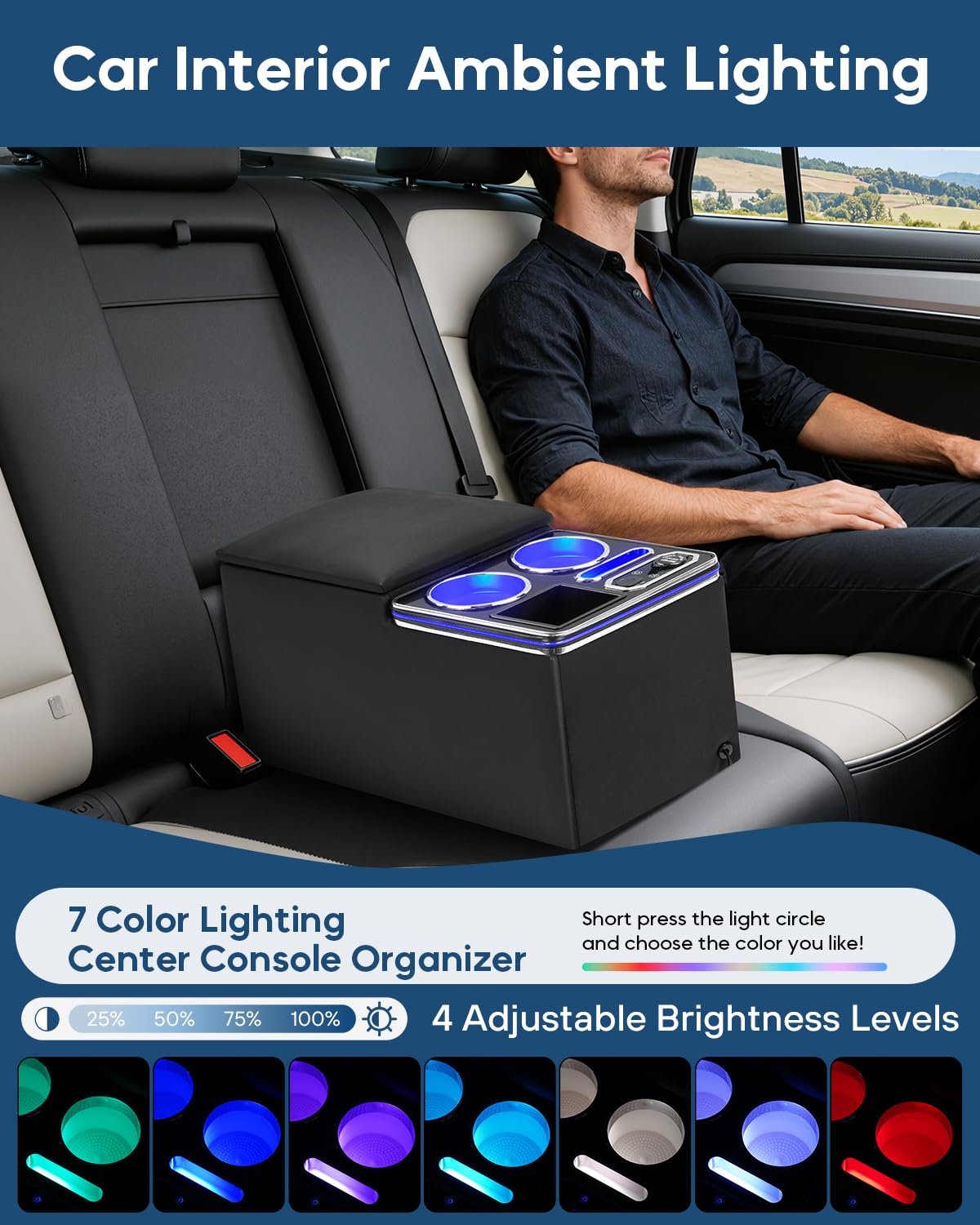 CEMOFE Upgraded Center Console, Wireless Charging Phone Holder & Cup Holders Armrest Organizer for Car Minivan Truck Van, Universal Rear Bench Seat Storage Box with 7 Modes LED Light