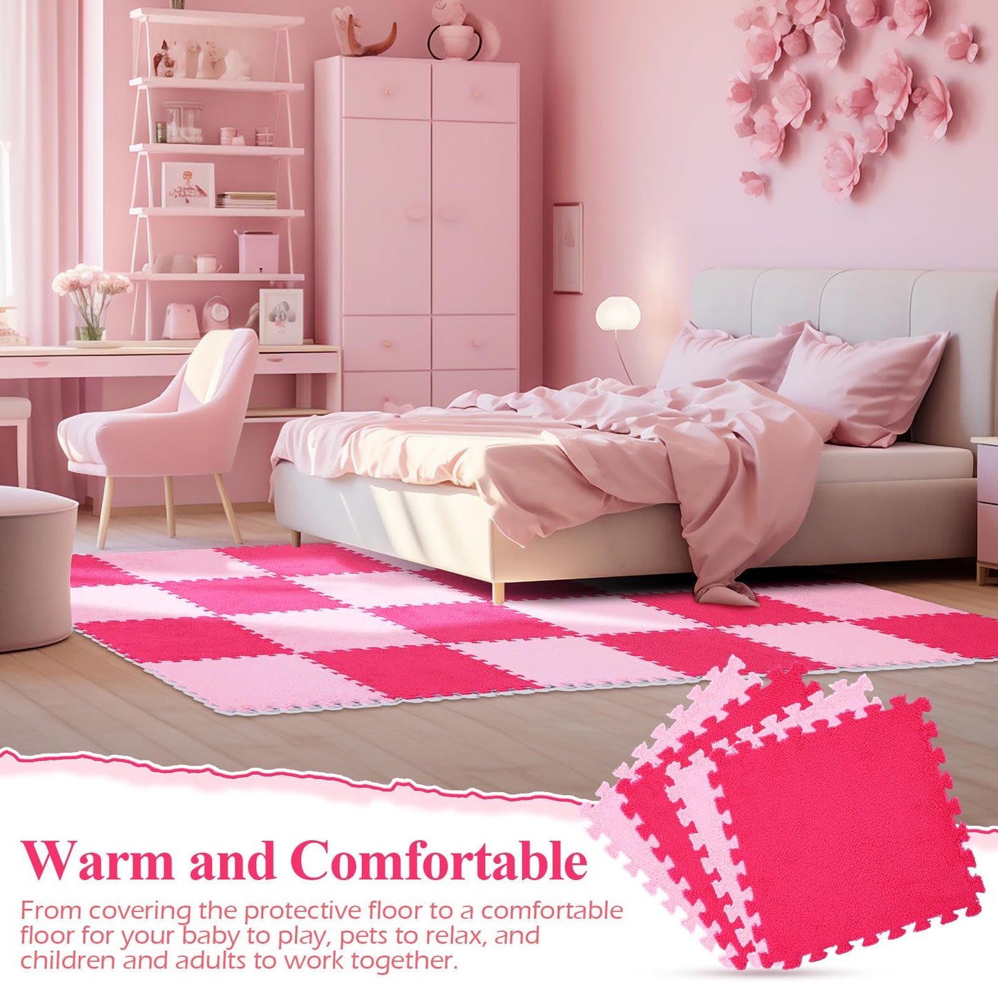 Ceenna 60 Pieces Plush Puzzle Foam Floor Mat Square Interlocking Carpet Tiles with Fluffy Play Mat Floor Tiles Soft Climbing Area Rugs for Living Room Floor Gym Area(Pink, Rose Red)
