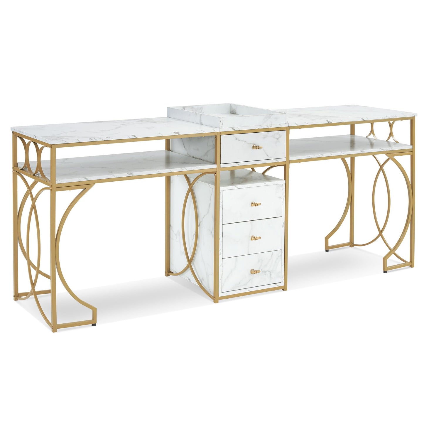 BarberPub Double Manicure Table, Nail Marbling Texture Station for 2 Person, Long Nail Desk with Storage Drawers & Metal Frame 2488 (White)