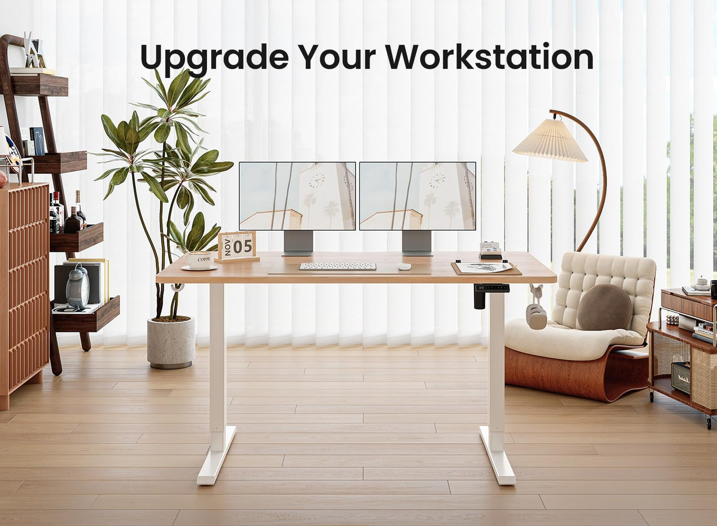 BANTI 55 × 28 Inches Standing Desk, Ergonomic, Electric Height Adjustable, Sit and Stand Up, Computer Desk with a Deeper Desktop, White Frame/Maple Top