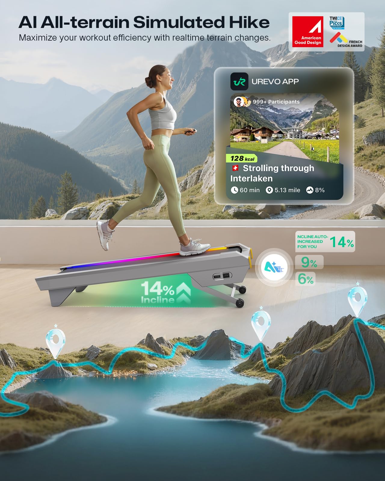 UREVO CyberPad Smart Walking Pad with 14% Auto Incline, Brushless Motorized Under Desk Treadmill for Office Fitness, Elegant Speed Lights, Spacious Surface, Digital Controller, AI-Powered App