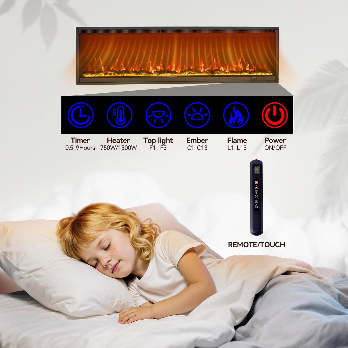 40" Linear Electric Fireplace Heater Insert: Ultra-Narrow Frame Wide Screen, 13 Flame & Ember Colors, 3 Top Light Colors. Wall Mount/Recessed,1500W/750W with Remote & Touch Control, Log & Crystal Set
