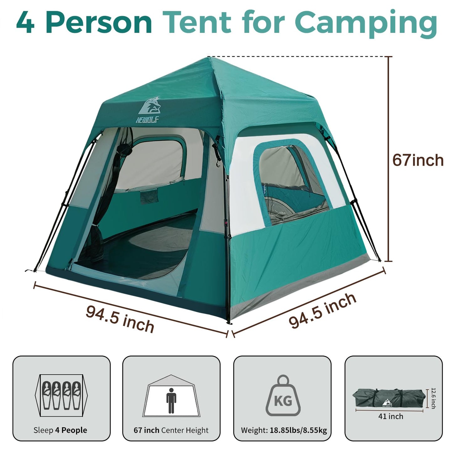 Hewolf Instant Tent for 4-6 Person Camping, Waterproof Easy Pop Up Tent Sets Up in 60 Seconds for Family Outdoor Hiking & Backpacking with Carry Bag(Blue-4)