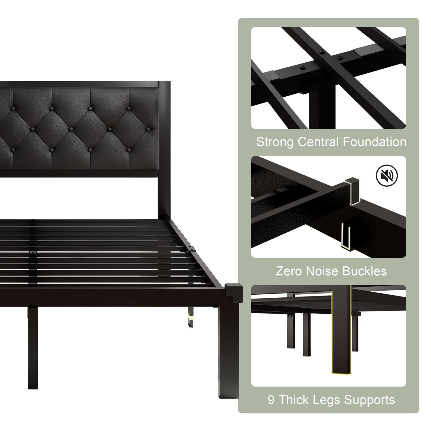 Feonase Queen Size Metal Bed Frame with Faux Leather Button Tufted Headboard, Heavy-Duty Platform Bed Frame with 12" Storage, Steel Slats Support, No Box Spring Needed, Noise Free, Matte Black