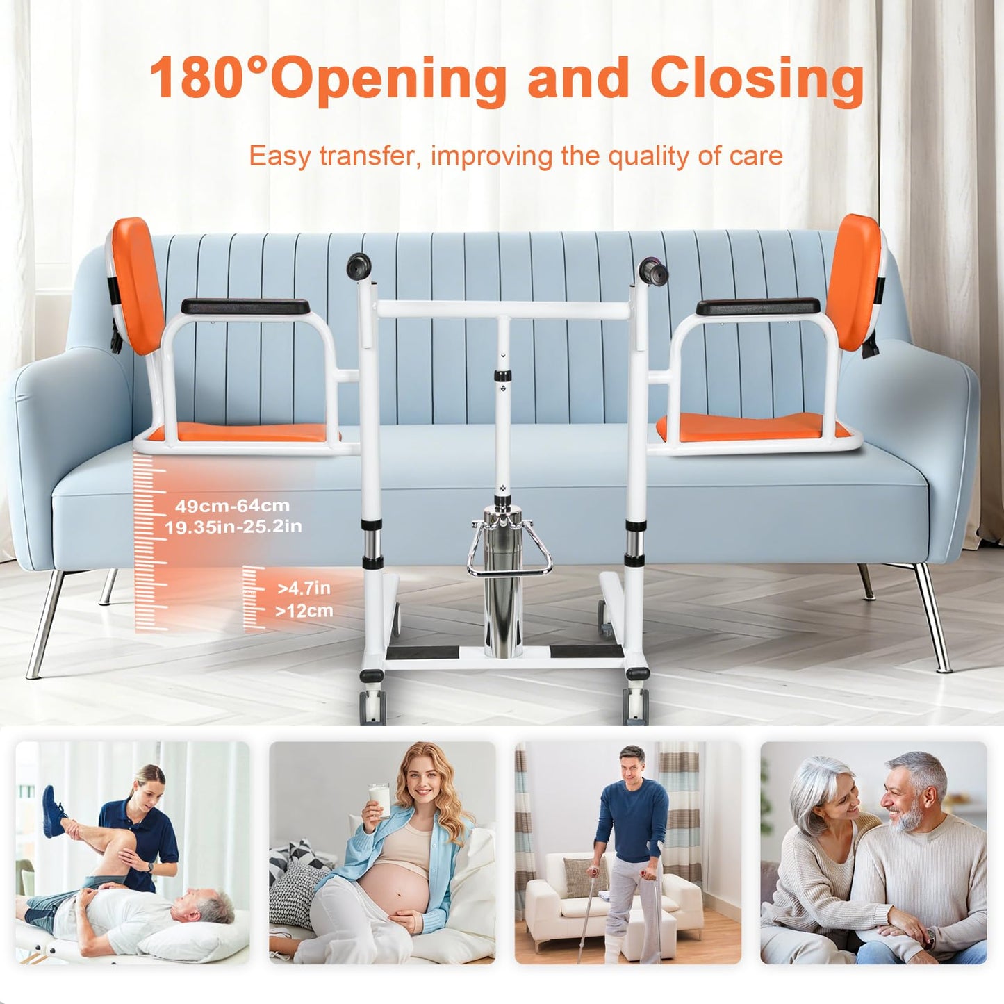 mindmed Patient Lift Transfer Chair for Home, 440lbs Capacity, 4 in 1 Patient Lift Transfer Chair with 180° Split Seat, Upgraded Rod for Height Adjustable, for Elderly Transfer to Bed/Toilet (Orange)