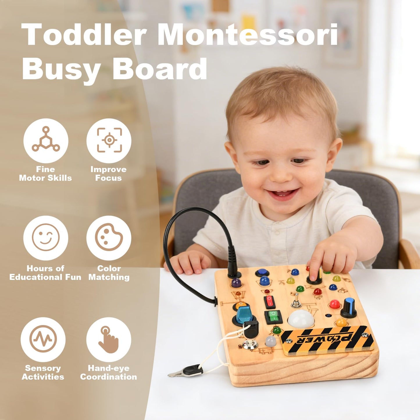 LED Busy Board for Toddlers - Montessori Sensory Toy with 10 Switches & 19 Lights, Wooden Activity Board for Fine Motor Skills, Ideal Educational Birthday Travel Toy Gift for 1 2 3 Year Old Boys Girls