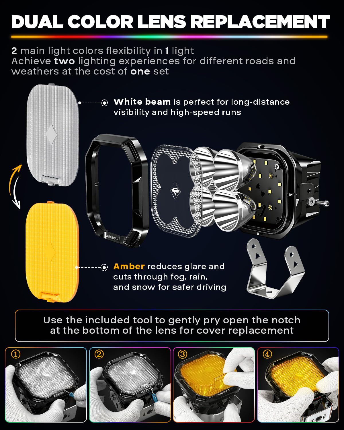 Auxbeam RGB Offroad LED Pod Lights 3 Inch 116W Flood Beam Ditch Lights 7 Colors Changing Gradient Backlights RGBW Multicolor Ambient Lighting with Covers, Color Play Series