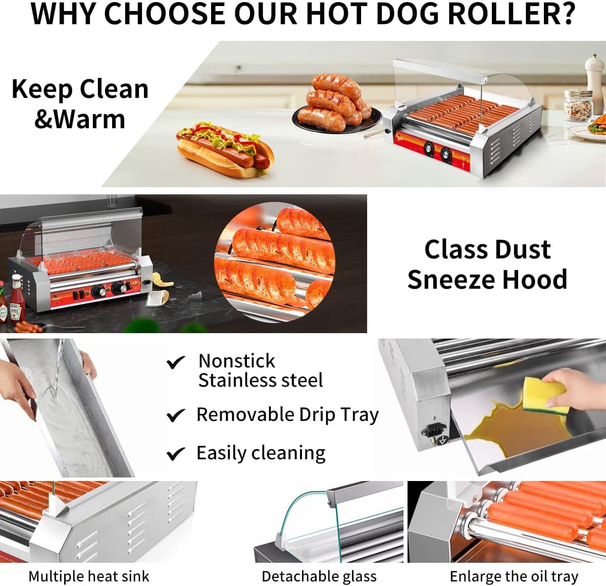 Vexon 1670W 11-Roller Hot Dog Machine，Holds 30 Hot Dogs，Non-Stick & Stainless Steel，for Parties, Events & Food Stalls