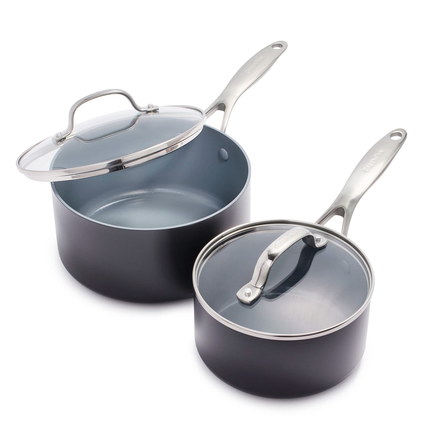 GreenPan Valencia Pro Ceramic Nonstick 1.66QT & 3.3QT Saucepan Pots with Lids Set, Hard Anodized PFAS-Free Cookware, Induction Ready & All Cooktops, Soup & Sauce, Dishwasher & Oven Safe to 600F, Gray