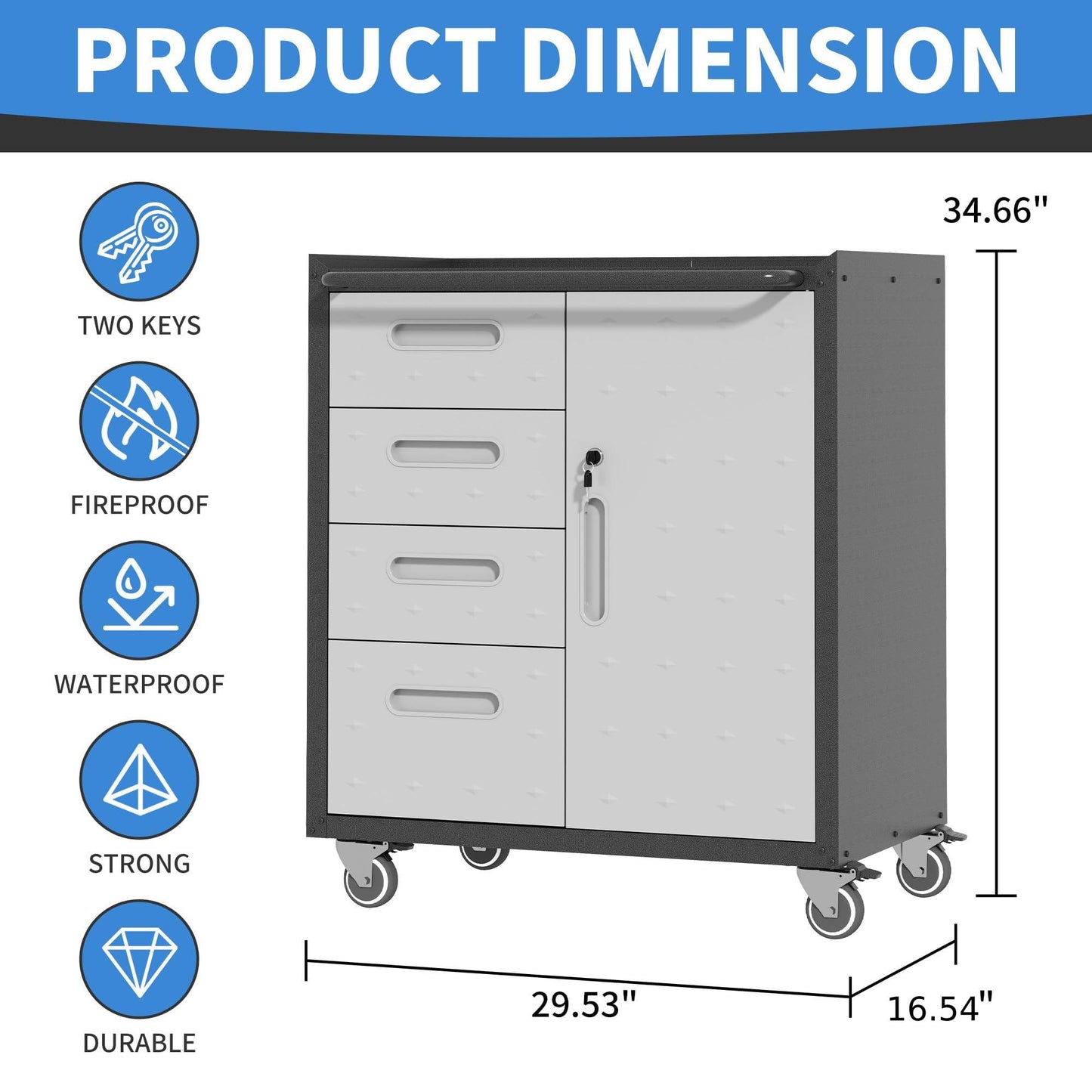 BIZOEIRON Metal Storage Cabinet with Wheels, Rolling Tool Cabinet with Adjustable Shelve, Locking Garage Storage Cabinet with 4 Drawer and 1 Door for Tools, Assembly Required (Black/Grey)