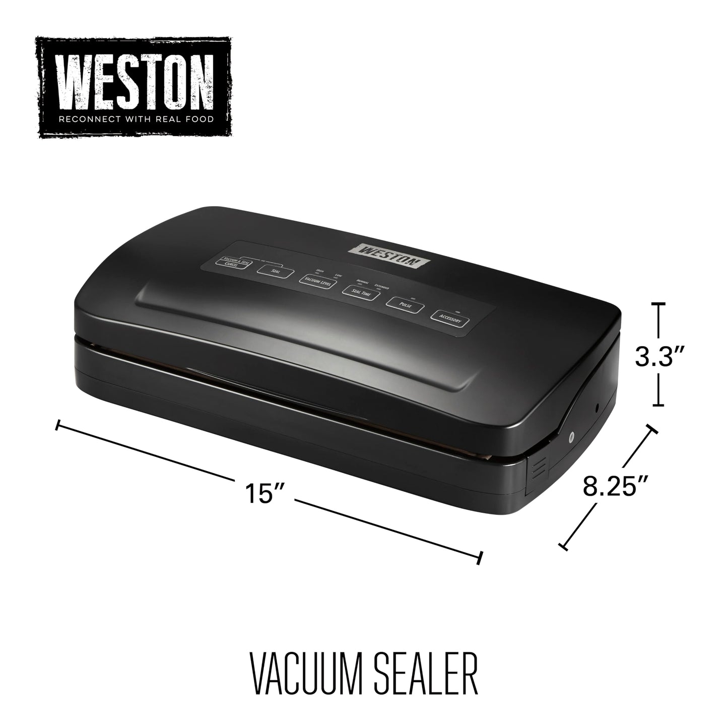 Weston Brands Vacuum Sealer Machine for Food Preservation & Sous Vide, Seals Bags up to 11” Wide, 110 Watts, 22.5” HG Strength, Includes Roll Storage and Starter Pack, Black (65-3001-W)