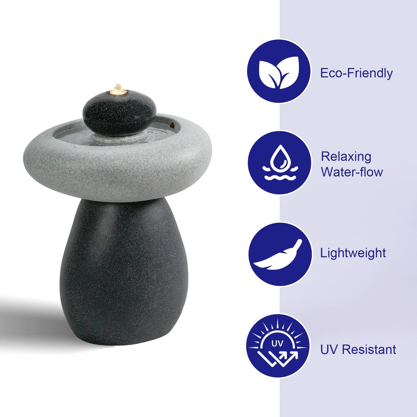 Puulye 24.02" H Outdoor Water Fountain Made with Eco-Friendly Recyclable Materials, Polyethylene Rock Waterfall Outdoor Fountain, Garden Decor with LED Light & Pump for Patio, Backyard