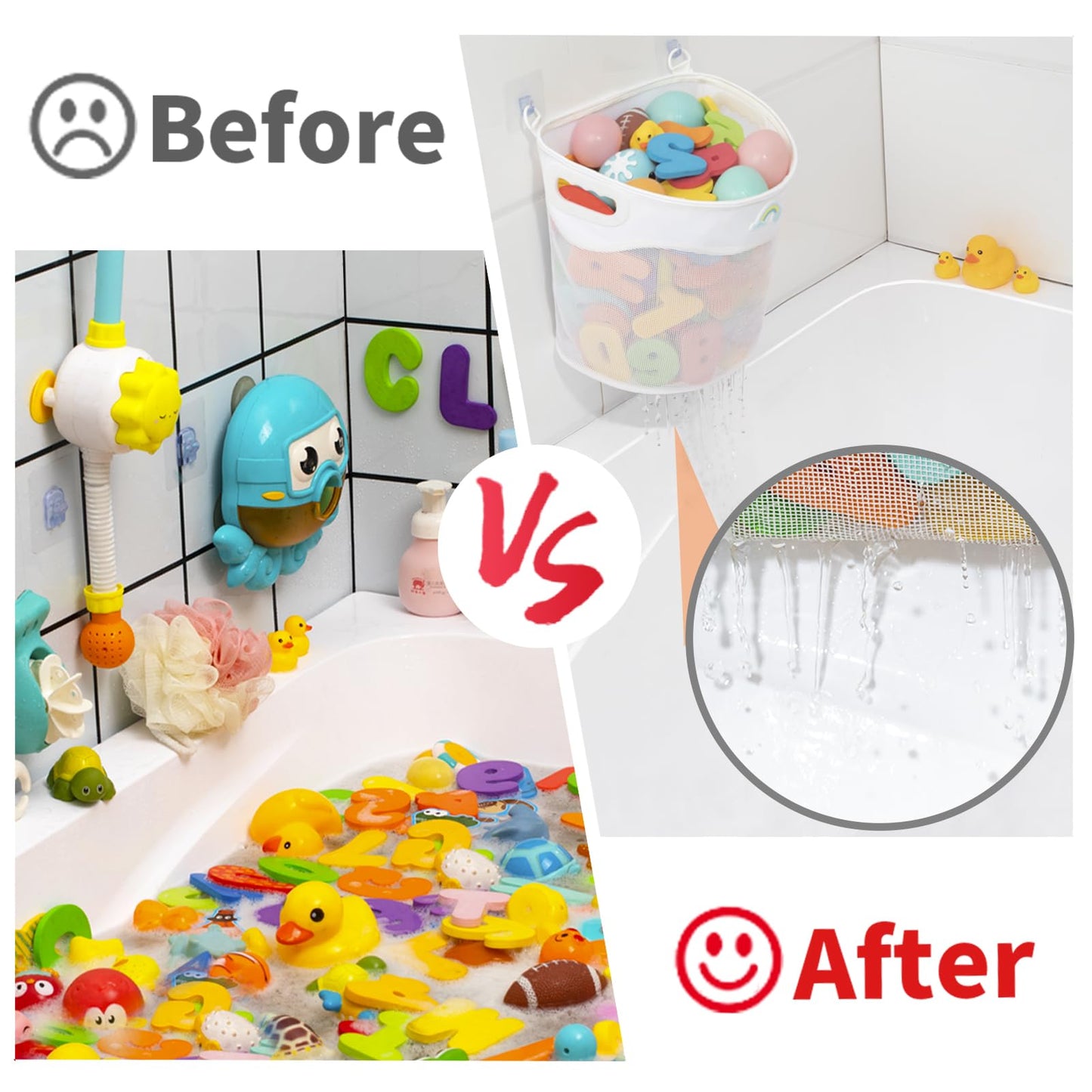 Austion Quick-Fetch Way Mesh Bath Toy Holder, Wide Opening and Large Capacity Bath tub Toy Storage for Easy Access to Toys, Space-Saving Wall-Mounted Bath Toy Organizer, Quick Dry Bathtub Toy Holder