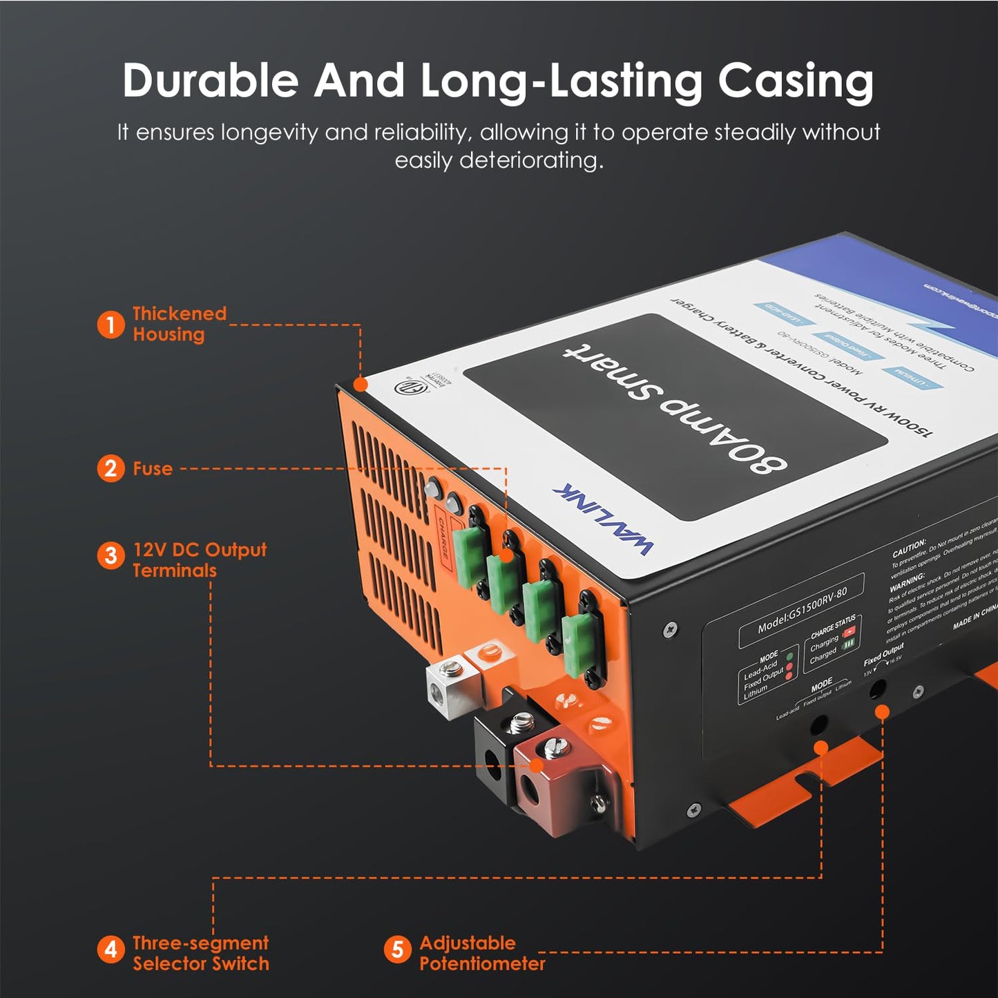 WAVLINK 80 Amp RV Power Converter, 120V AC to 12V DC Battery Charger with 3 Smart Charging Modes, 13V-16.5V Adjustable Operating Range, Multi-Stage Charging