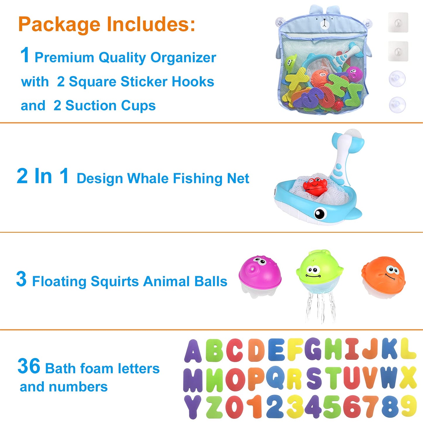 Bath Toy Sets, 36 Foam Bath Letters and Numbers, Floating Squirts Animal Toys Set with Fishing Net and Organizer Bag, Fish Catching Game for Babies Infants Toddlers Bathtub Time