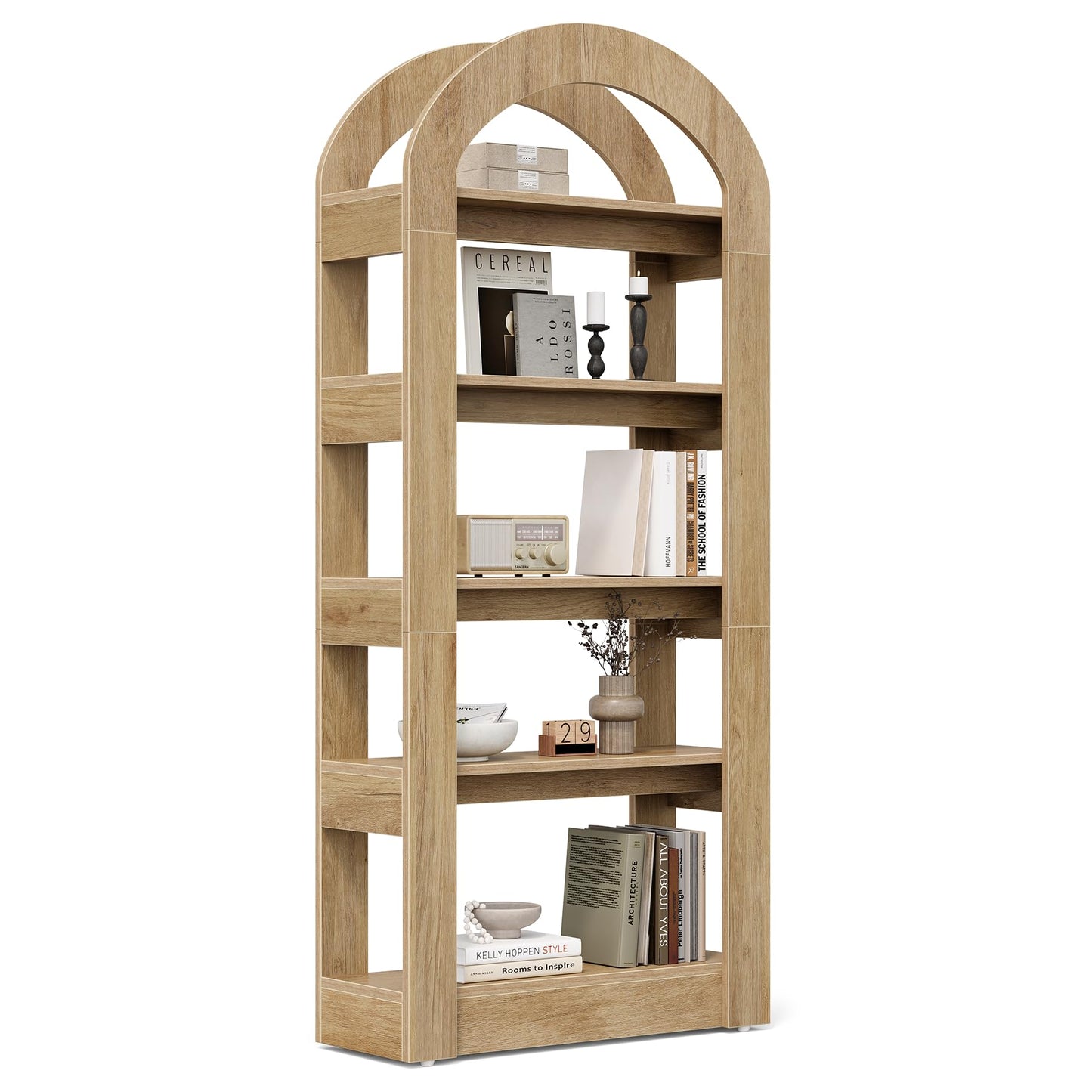 LITTLE TREE 5-Tier Bookshelf, Arch-Shaped Racks, Tall Standing Wooden Bookcase Display Shelf Modern Storage Solution (1, Teak Color)