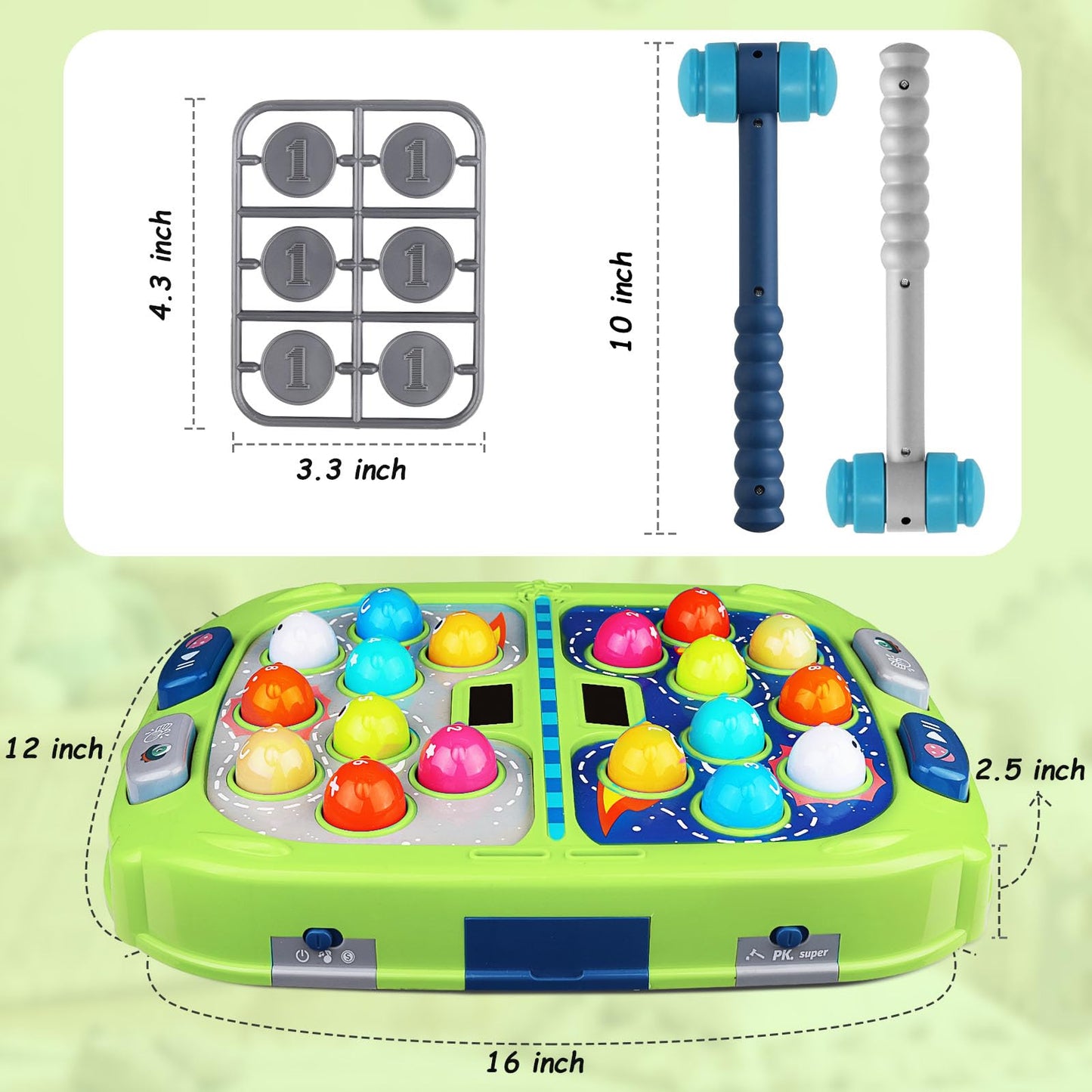 WAYKEE Whack a Game Mole, Toys for Ages 3-4 5-7 8-12 Boys Girls, Whack Game for Toddlers, Gifts for 3 4 5 6+ Year Old Boys Girls, Early Learning Educational Toys with 2 Hammers Sound & Light