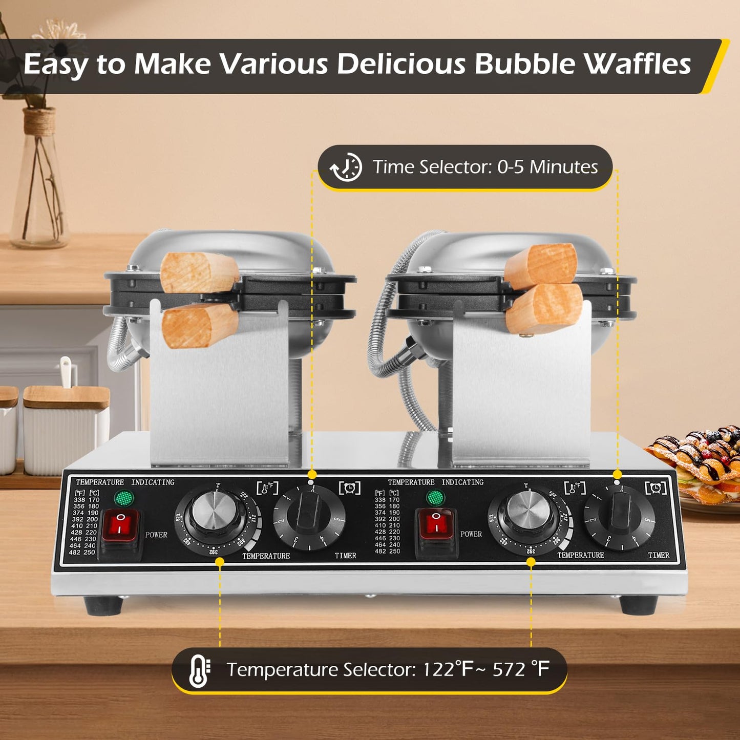 Dyna-Living Bubble Waffle Maker Commercial Double-head Egg Puff Waffle Maker, 1400W & 1400W Non-stick Hong Kong Bubble Waffle Machine, 180° Rotating, Non-stick Coating, Dual Temperature Control