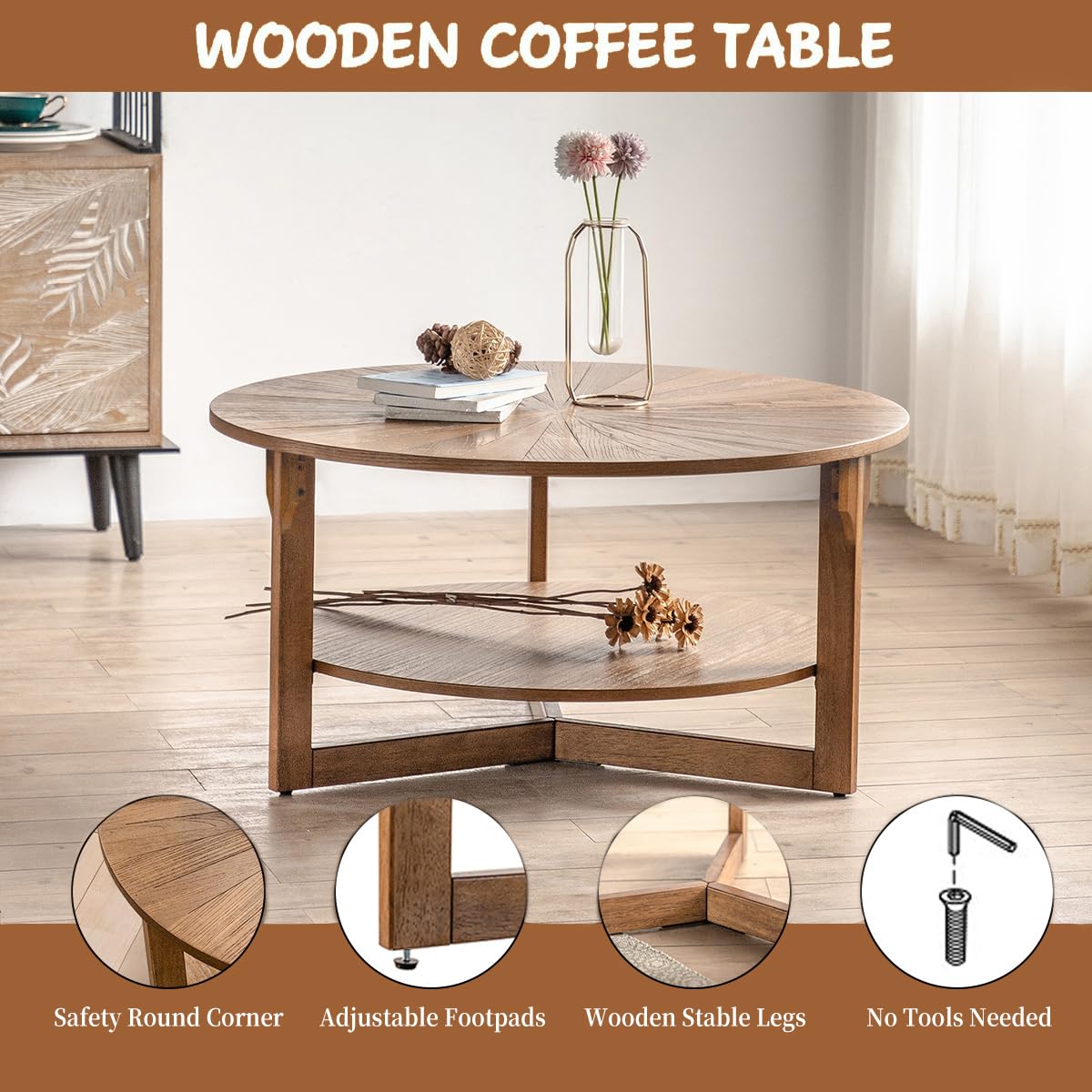 DS-HOMEPORT Round Coffee Table, 35" Circle Wood Coffee Table with Storage Shelf, 2 Tier Center Table for Living Room Apartment Home Furniture, Easy Assembly (Espresso,35" Dx35 Wx18 H)