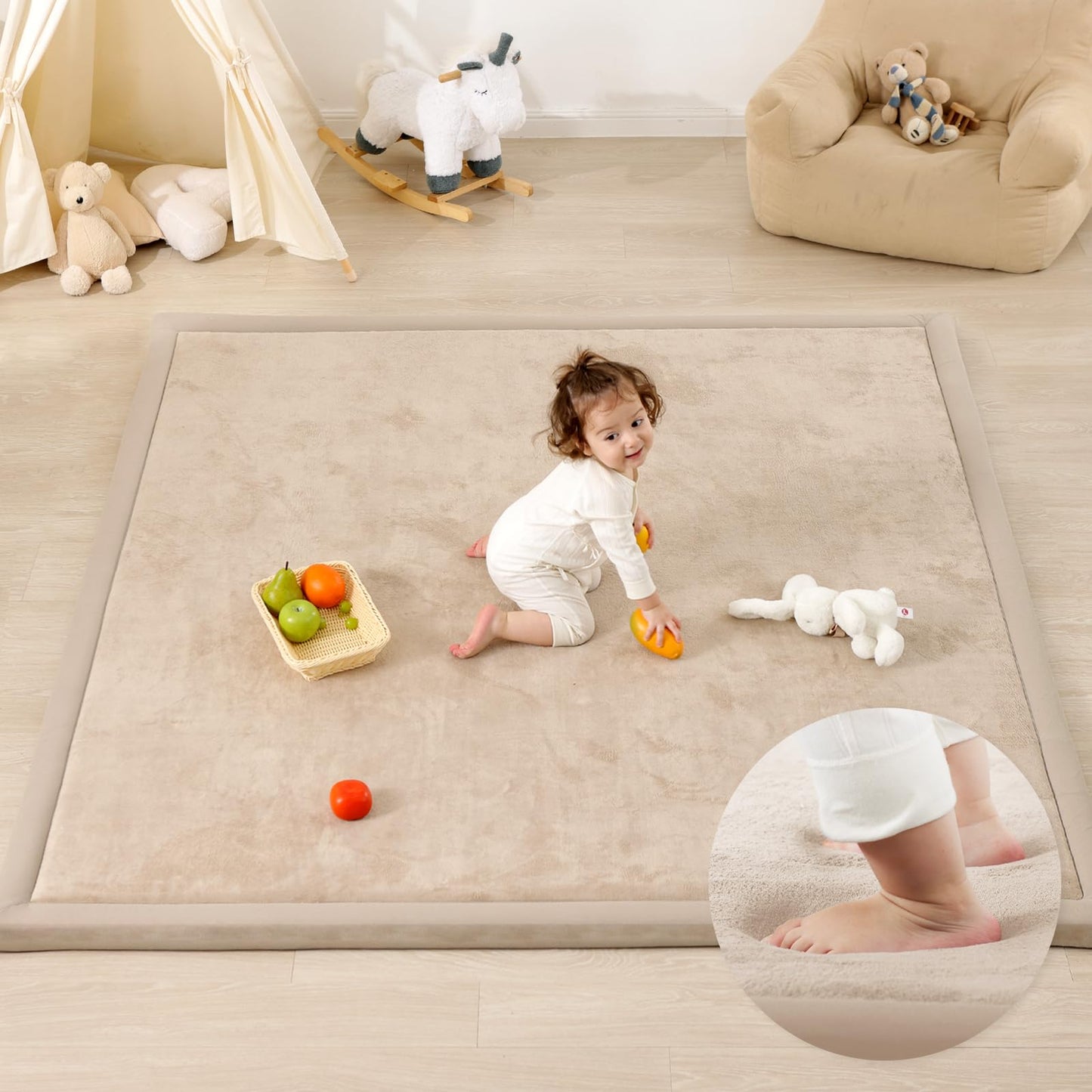 PaPaMat 1.3" Thick Baby Play Mat for Floor, 79x118 Large Foam Tummy Time Mat, Padded Support Soft Plush Nursery Rug for Infant Kids Toddler Crawling Kick Activity (Beige)