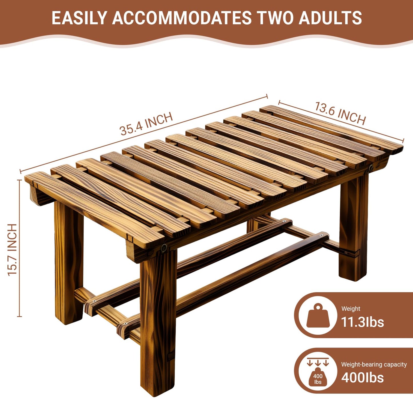 HAOIOKSC 35.5" Outdoor Garden Bench, Weatherproof 2-Person Backless Wooden Bench with Mortise-Tenon Structure – for Garden, Lawn, Porch, Backyard （Brown