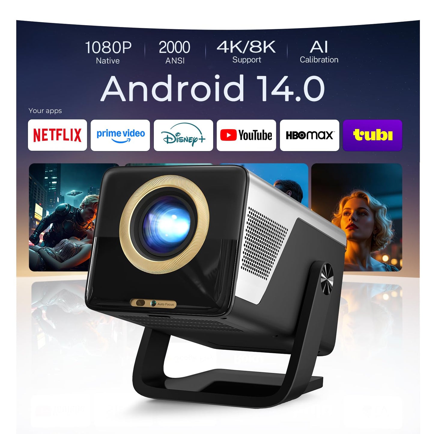 [2000 ANSI/AI Visual Calibration/4K Support] X7 Native 1080P Smart Projector with Android 14 OS, Portable Movie Projector for Bedroom & Outdoor, AI Auto Focus & Keystone Black & Slate Gray Gold