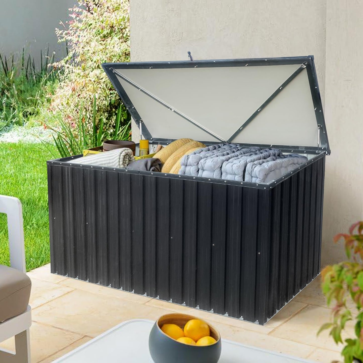 Fulvari 215 Gallon Outdoor Deck Box,Waterproof Lockable Metal Storage Container for Patio Cushions Gardening Tools and Pool Toys black One size