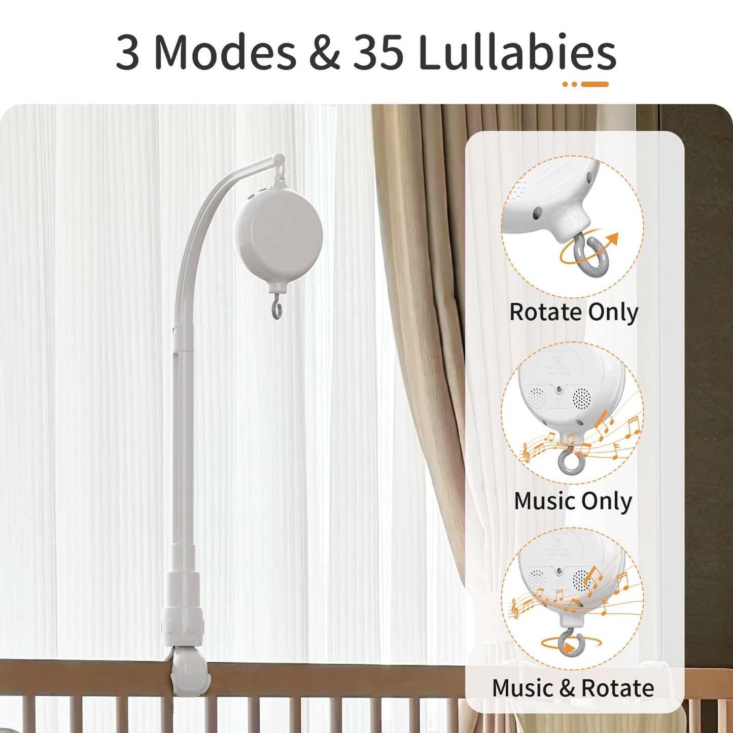 FEISIKE Baby Crib Mobile Arm with Music Box Spin Motor,23 Inch,Volume Control,3 Modes(Turn & Music,Turn Only, Music Only),Nursery Decor Hanger,Holder for DIY Clamp Mobile,35 Lullabies,30 Min Auto-Off