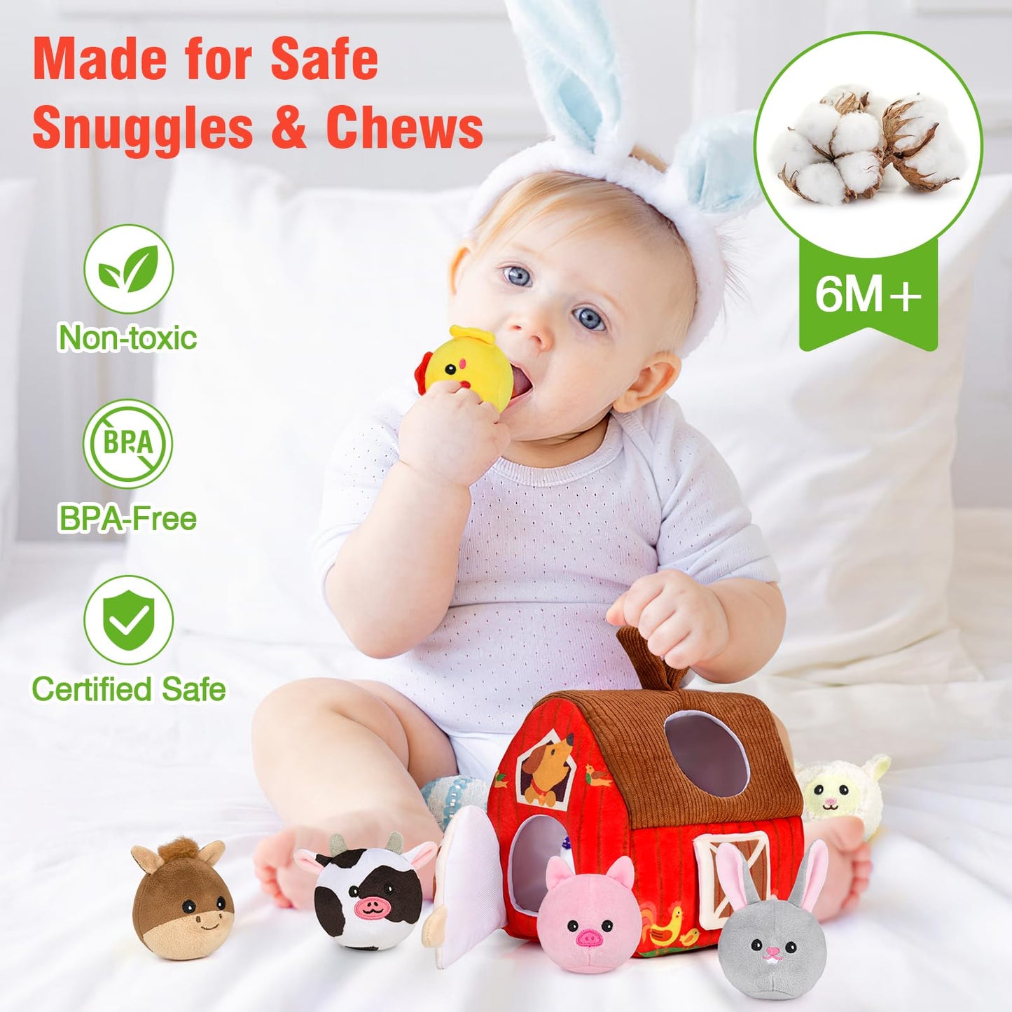 Aojieni Baby Toys 6-12 Months: Plush Surprise Barn with Stuffed Farm Animals, Rattle, Crinkle Paper, Mirror, Busy Montessori Toys for Babies, Infant, Newborn, Sensory Toys for Toddlers 1-3