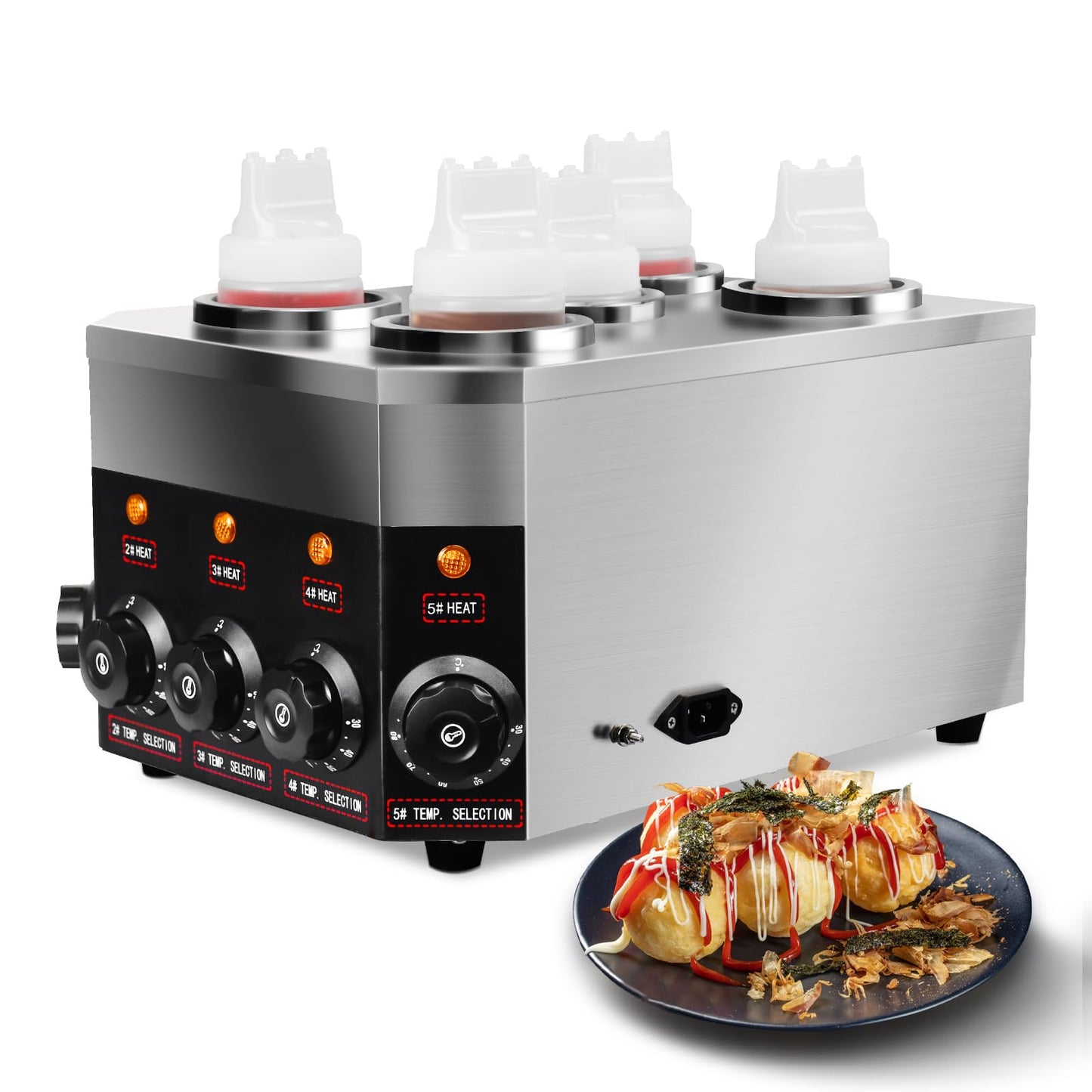 YOOKTEN Commercial Electric Sauce Warmer Dispenser 0.68x5 Qt Hot Chocolate Nacho Cheese 86-185℉ Heater Hot Fudge with Bottles Adjustable