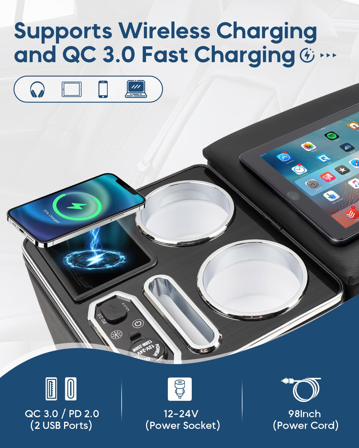 CEMOFE Upgraded Center Console, Wireless Charging Phone Holder & Cup Holders Armrest Organizer for Car Minivan Truck Van, Universal Rear Bench Seat Storage Box with 7 Modes LED Light