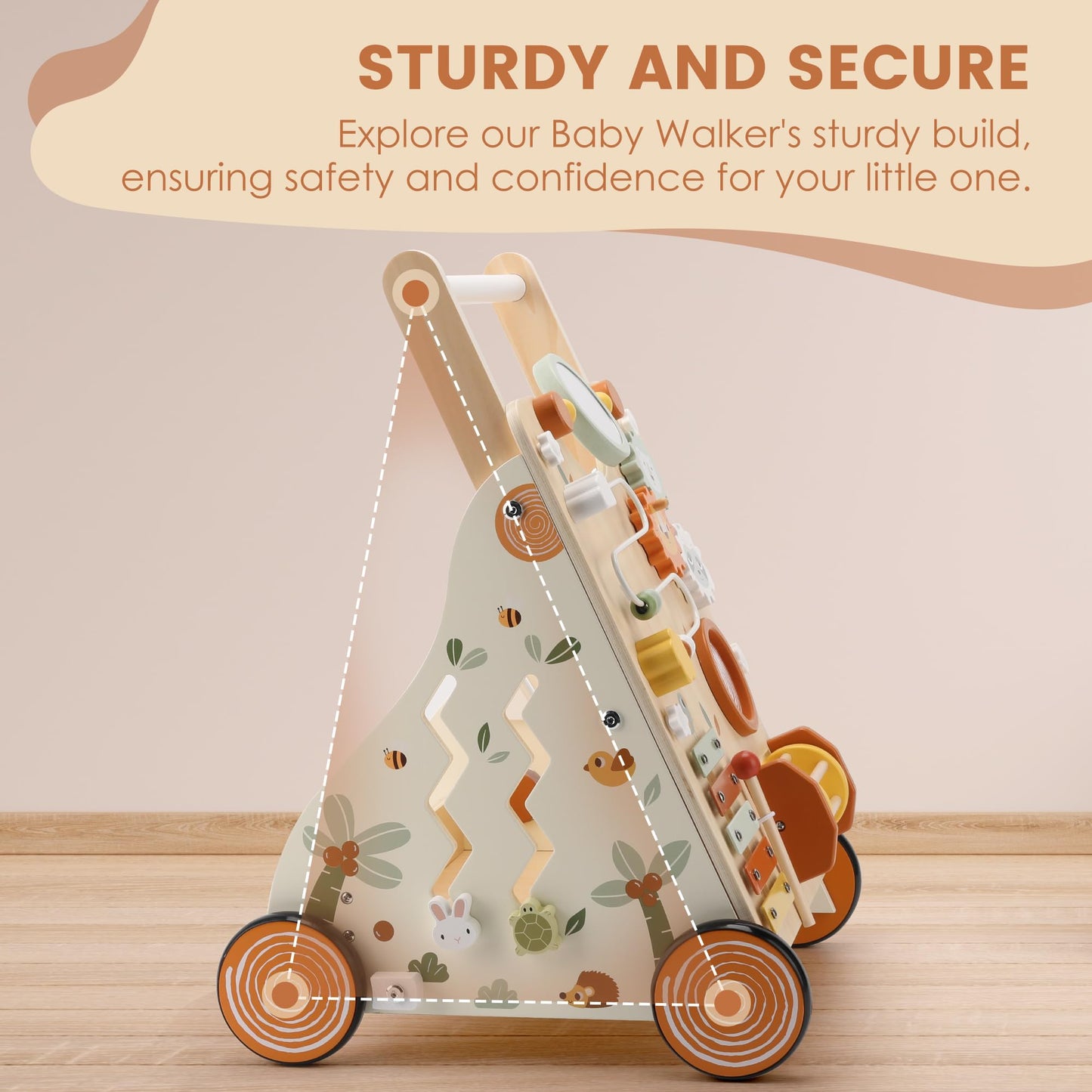 Pithfor Wooden Baby Walker, Baby Push Walker with Activity Center for Girls Boys, Montessori Push Walker Toys for Babies Learning to Walk, Sit-to-Stand, for 10-12 Months 1 2 3 Years Old