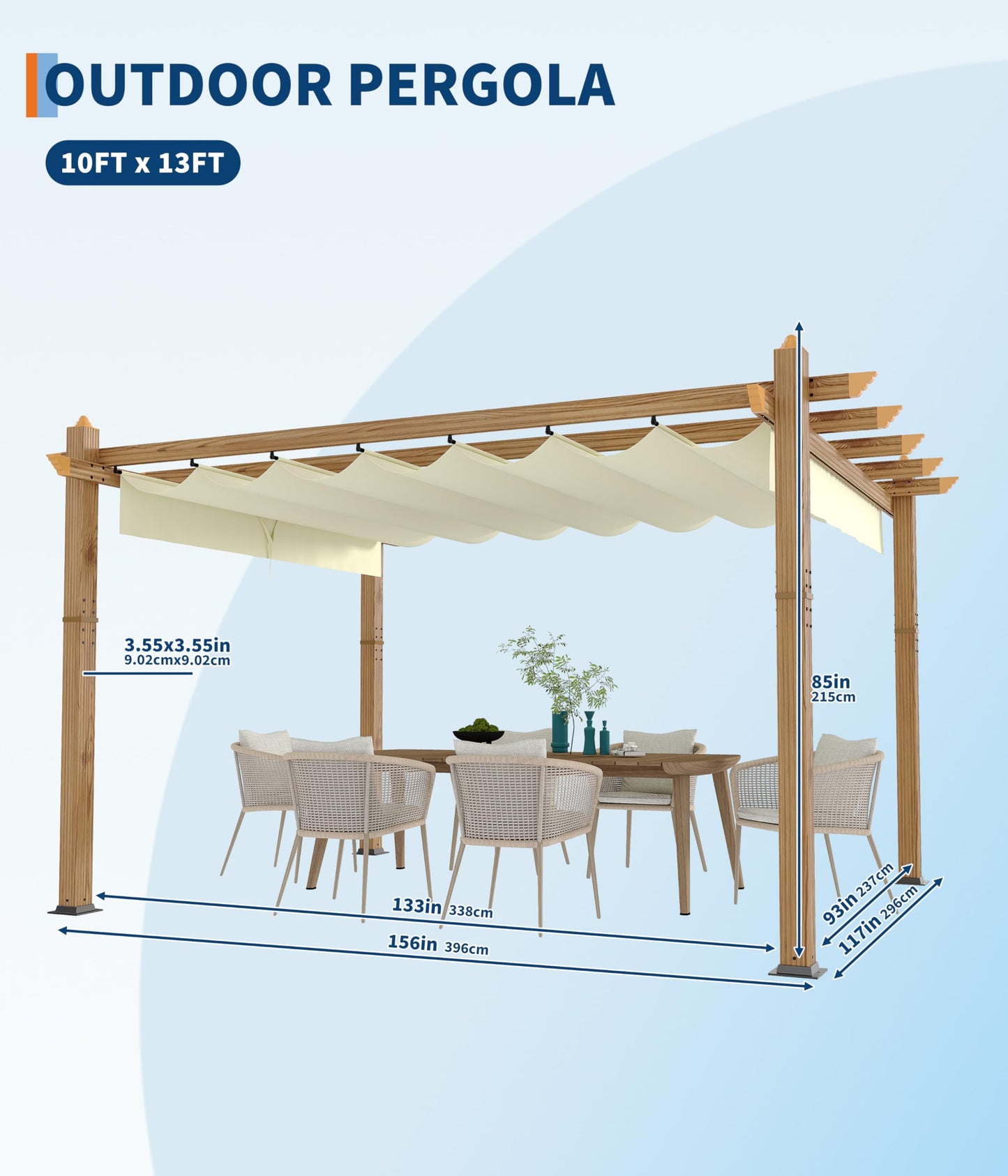 GarveeLife 10 x 13 ft Wood-Grain Aluminum Pergola Outdoor Pergola with Retractable Canopy Sun Shade Shelter for Garden Patio Backyard Deck - Beige