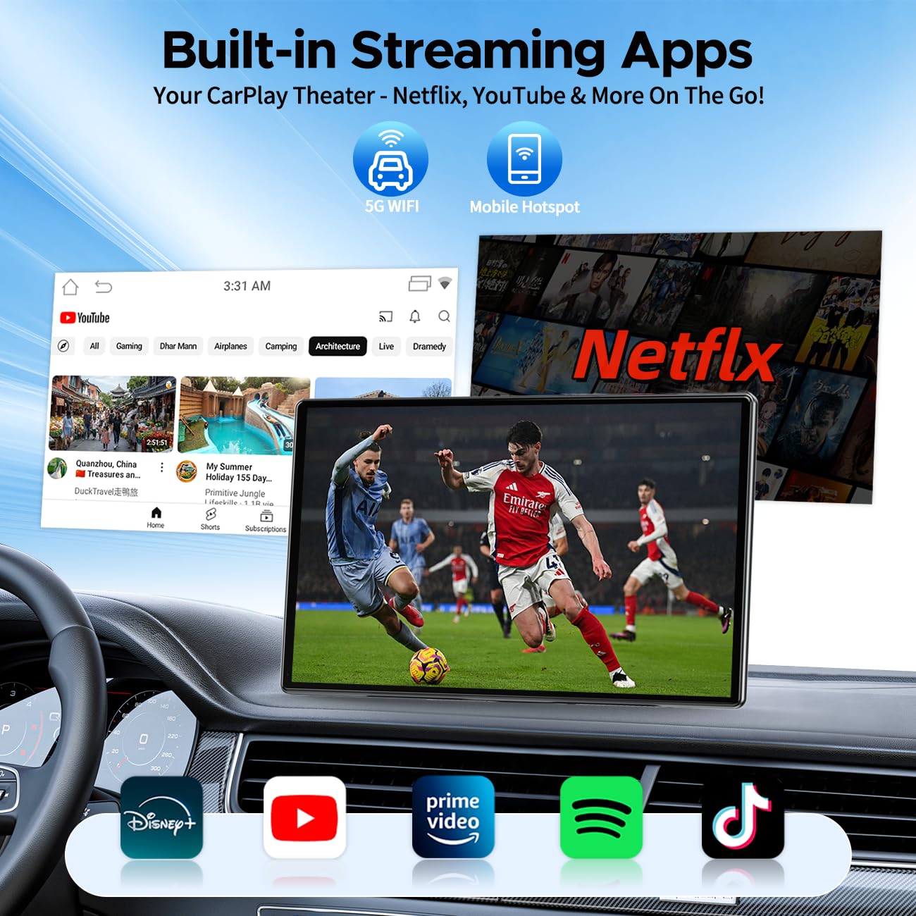 LAMTTO 9" Wireless CarPlay Screen with Net-Flix YouTube Apps Portable Car Play Screen for Apple Carplay and Android Auto with Backup Camera Navigation Bluetooth Voice Control AUX Siri
