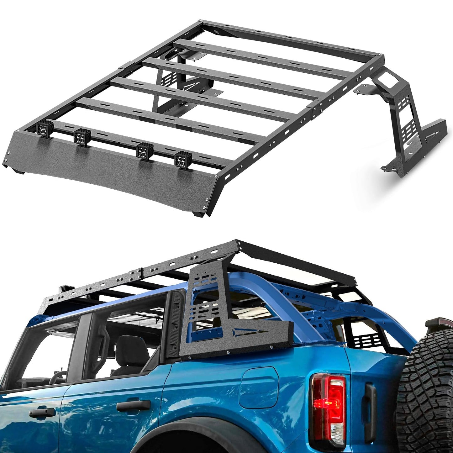 YZONA for Bronco Roof Rack Hard Top Cargo Basket with Rear Window Panel & 4 LED Lights Compatible with 2021-2026 Ford Bronco 4 Doors Soft Top and Removing Hardtop, Rooftop Rack Carrier Luggage Holder
