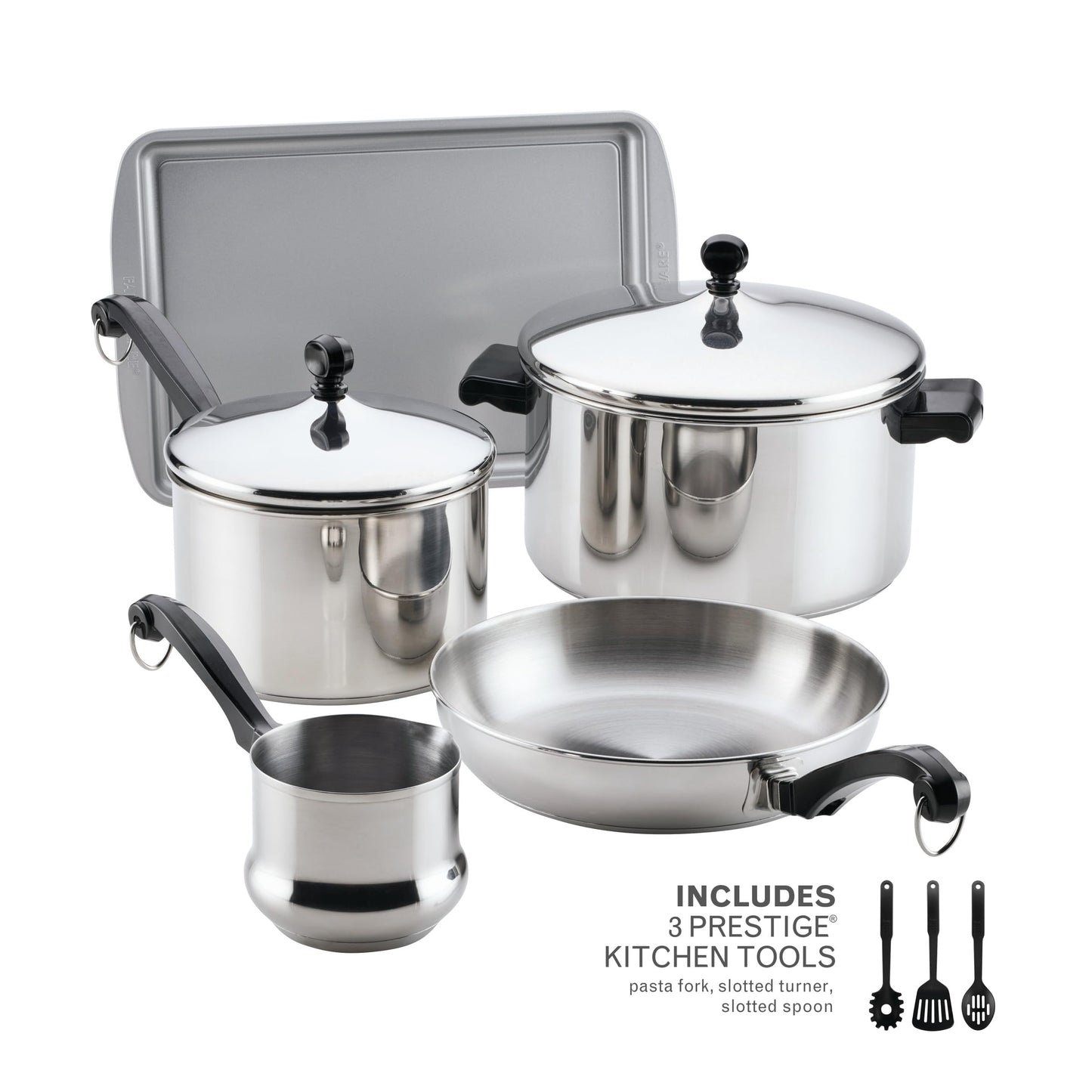 Farberware Classic Series Stainless Steel Pots and Pans with Baking Sheet Pan, Cooking Tools, and Lids, Induction Ready, Dishwasher Safe, 10 Piece Cookware Set, Metal Utensil Safe - Stainless Steel