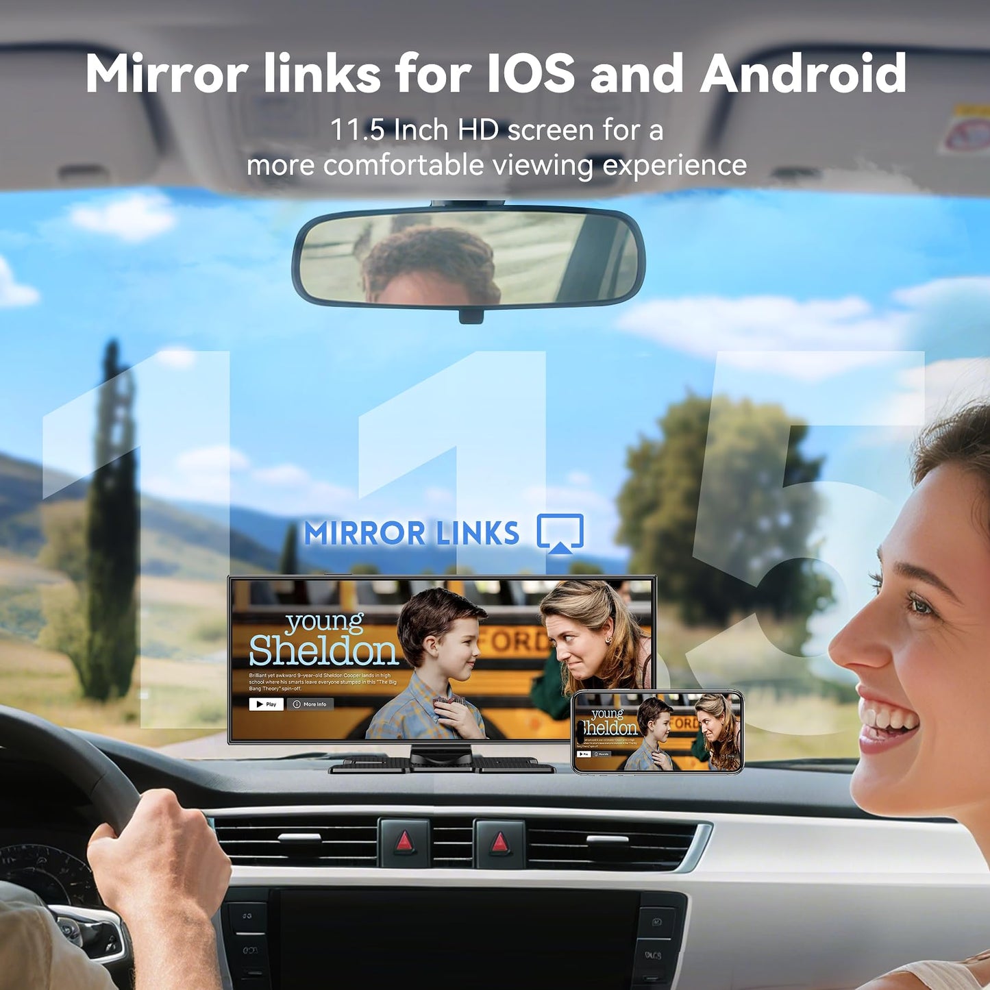 11.5" Extra Large Wireless Apple CarPlay Screen for Car, 4K Portable Car Play Screen & Android Auto HD Touch Screen, Dash Cam Front and Rear, App Control, Mirror Link, Voice Control, GPS, Bluetooth