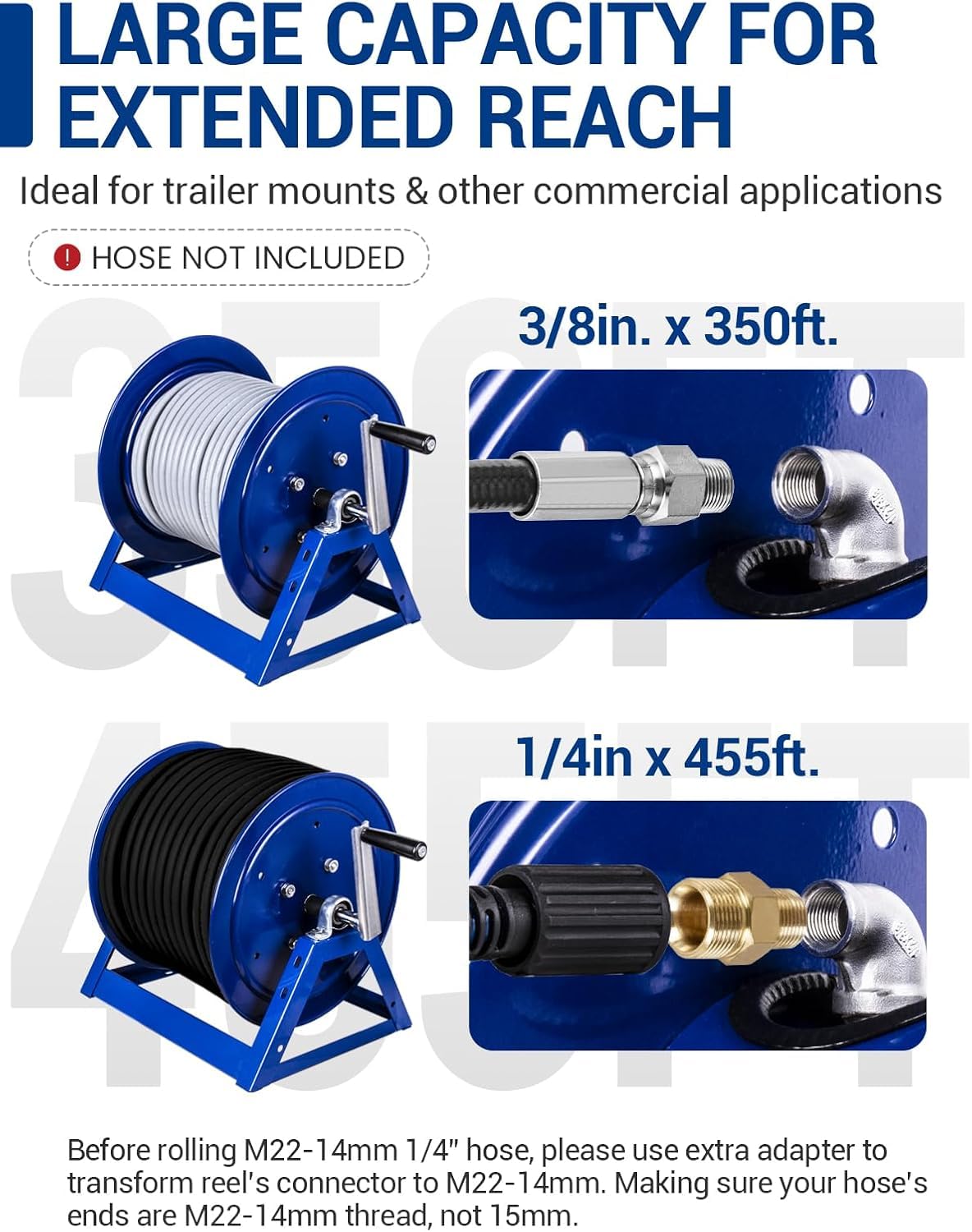 MEKOH Pressure Washer Hose Reel 3/8"x350ft, 5000PSI Hand Crank Power Washer Hose Reel for 1/4"x455ft, Heavy Duty Steel Hose Reel with Trailer/Wall/Van Mount, A-Frame Manual Reel for Water,M22 Fitting