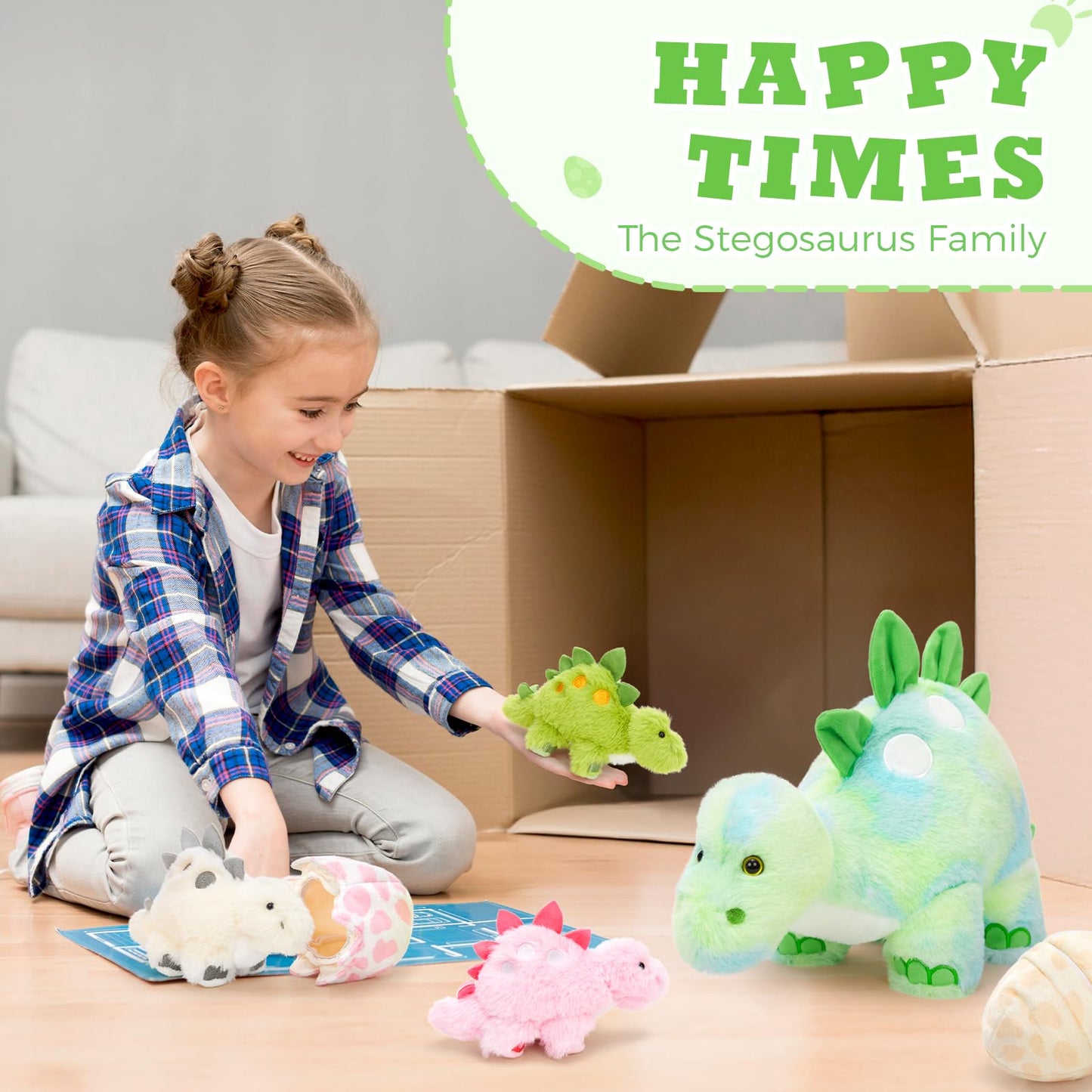 Karister Dinosaur Stuffed Animal,Dinosaur Plush Toys for Girls,Cute Dino Plushies,Mommy Dinosaurs,3 Baby & 2 Eggs Gifts Kids Boys Christmas Easter Birthday Children's Day (Night-Glowing Stegosaurus)