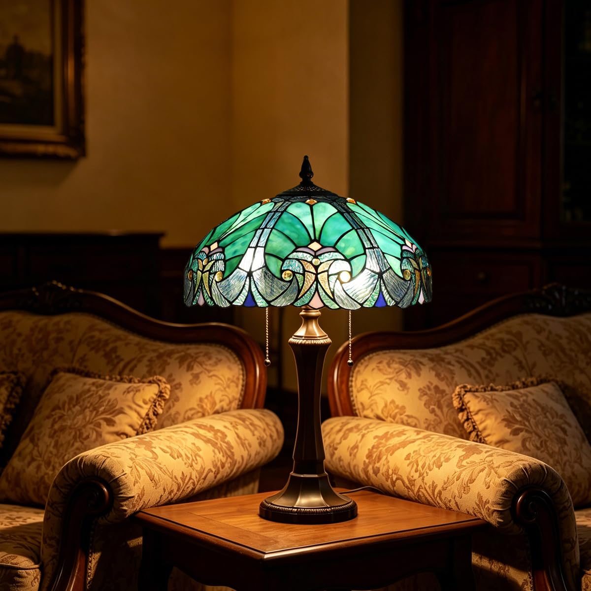 COTOSS Tiffany Table Lamp Sea Green Stained Glass Table Light Antique Style 16 inch Large Desk Lamp 2 Light Victorian Vintage Beside Reading Lamp for Living Room Bedroom Office