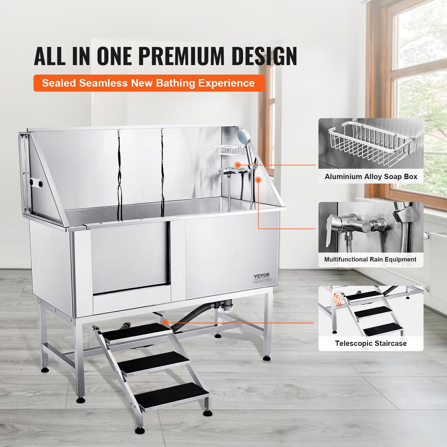 VEVOR 62" Pet Dog Bathing Station w/Stairs, Professional Stainless Steel Dog Grooming Tub w/Soap Box, Faucet,Rich Accessory,Bathtub for Large,Medium,Small Pet, Washing Sink for Home(Left)