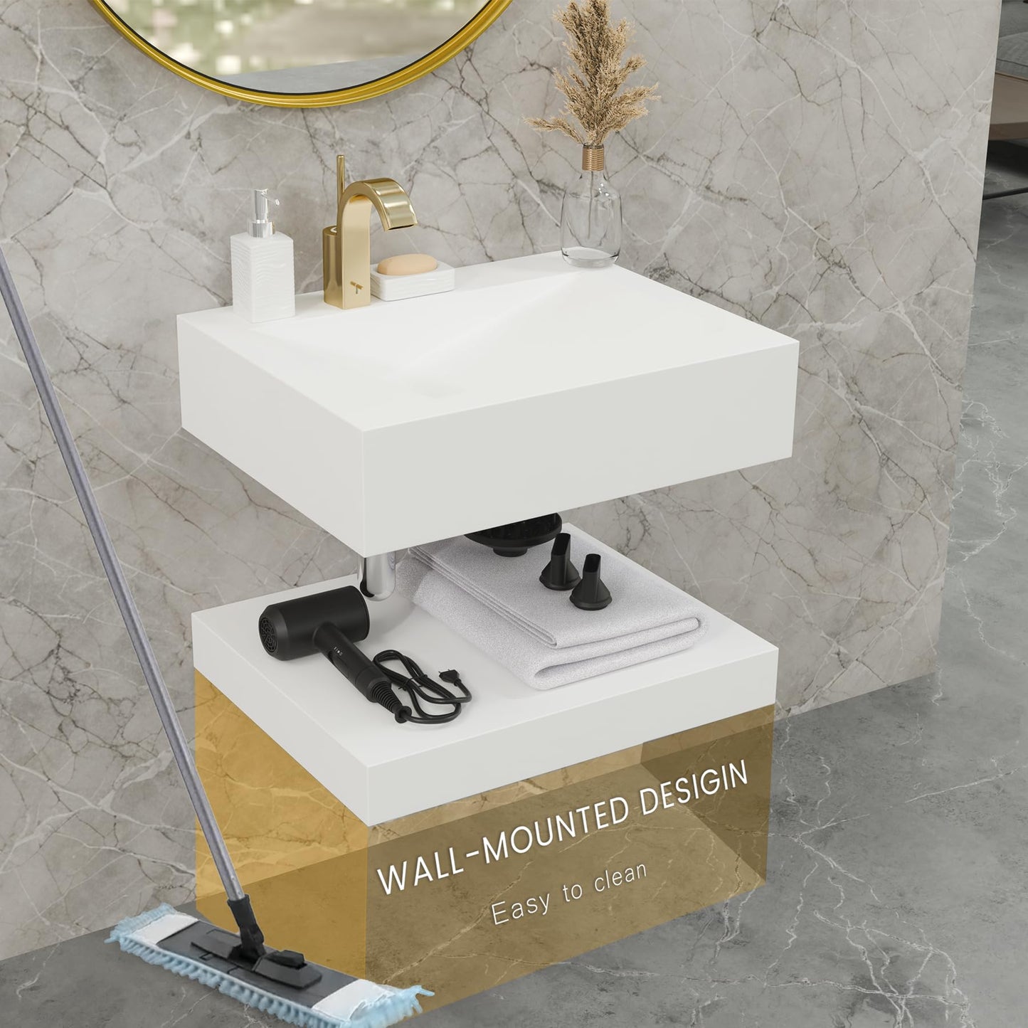 QJ&XY Resin Bathroom Sink 24" Wall Mounted V-Shaped White Basin Floating Vanity Vessel Sink in Soft-Touch Finish (Double Tier)