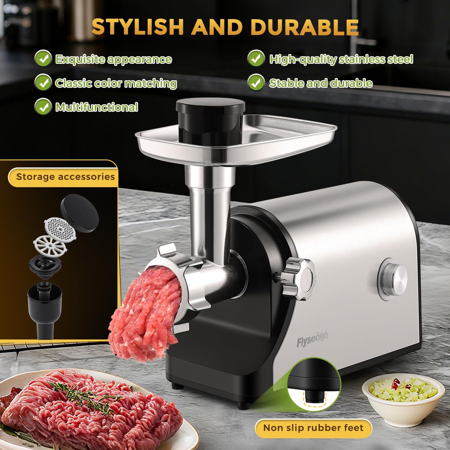 Flyseago Electric Meat Grinder 3200W Heavy Duty Commercial Meat Grinders, Sausage Stuffer, Kubbe Kit with 2 Cutting Blades, 3 Grinding Plates, 3 Sausage Tubes, Metal Gearbox Meat Grinder for Home Use
