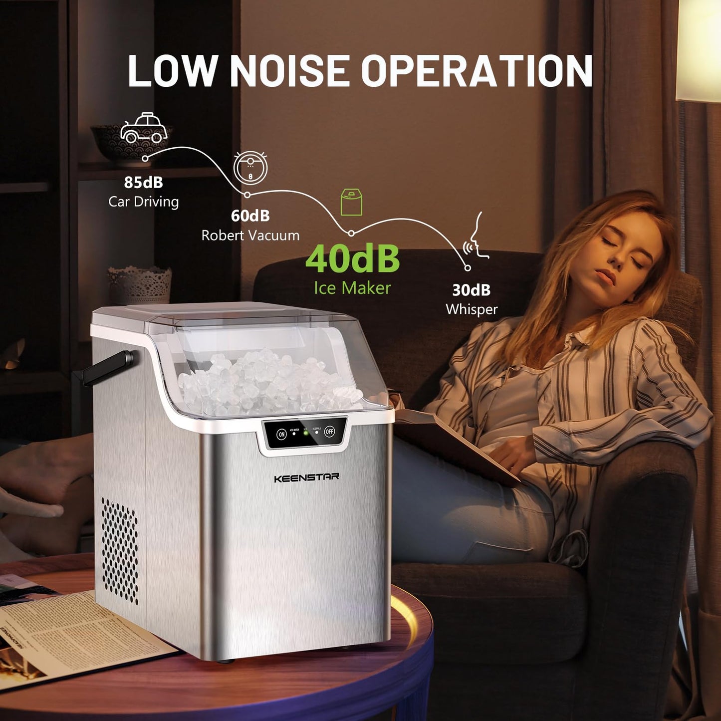 Nugget Countertop Ice Maker with Soft Chewable Ice 40Lbs, Pebble Sonic Ice Machine with Basket and Scoop, Ready in 5 Mins, 40Lbs/24H, Auto Self-Cleaning, for Home, Kitchen, Office, Party, Camping