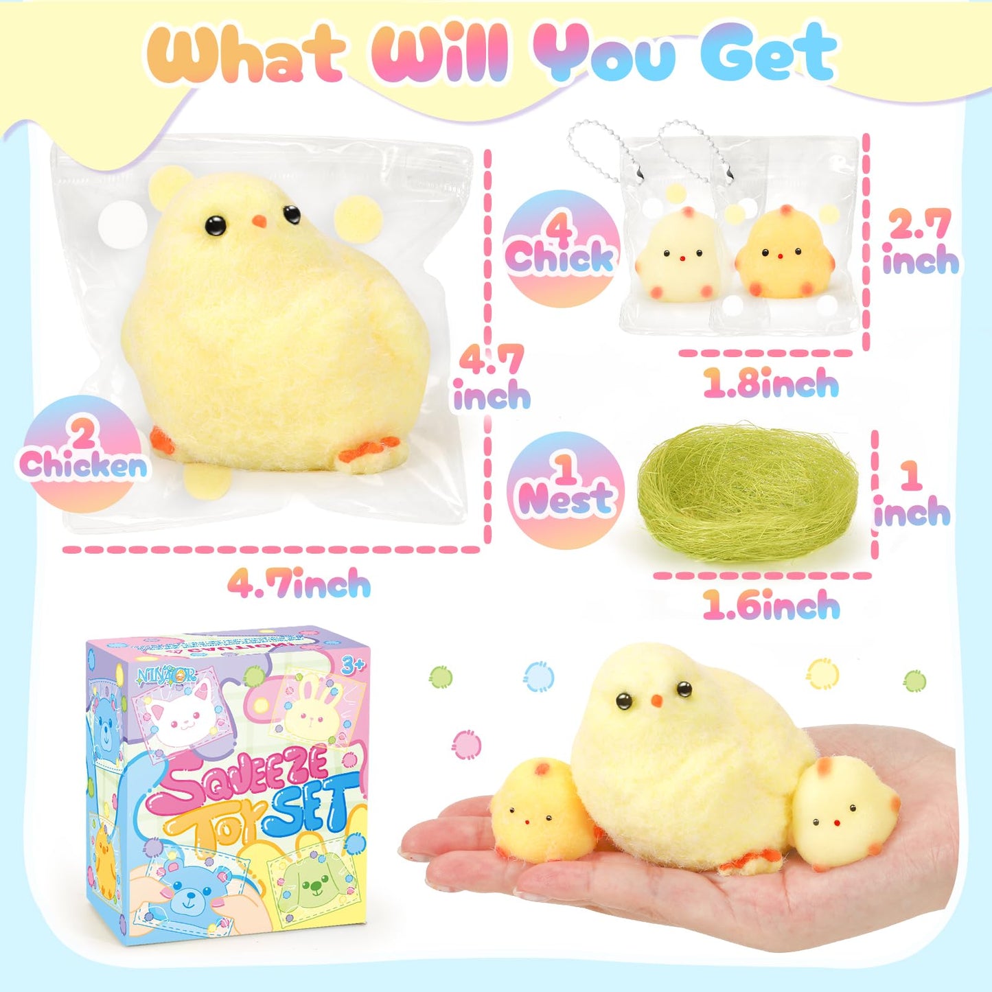 NINAOR Squishy Fidget Toys, 6Pcs Squeeze Soft Cute Stuff Chicken Sensory Toys for Kids Stress Relief Gifts, Birthday Party Favors Desk Classroom Decor Goodie Bags Stocking Stuffers