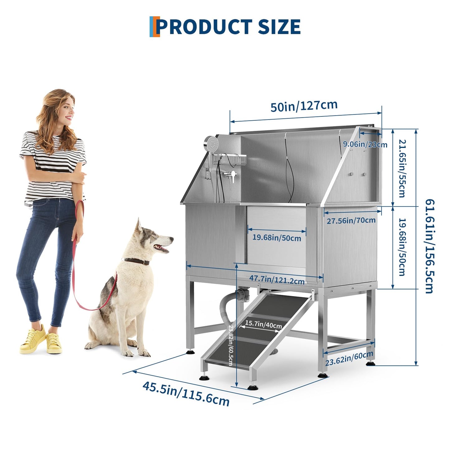 PeacefulHues 50 Inch Dog Washing Station, Stainless Steel Dog Bathtub with Left Ramps, Pet Dog Bathing Station with Floor Grate, Professional Dog Grooming Tub for Large, Medium, Small Pets