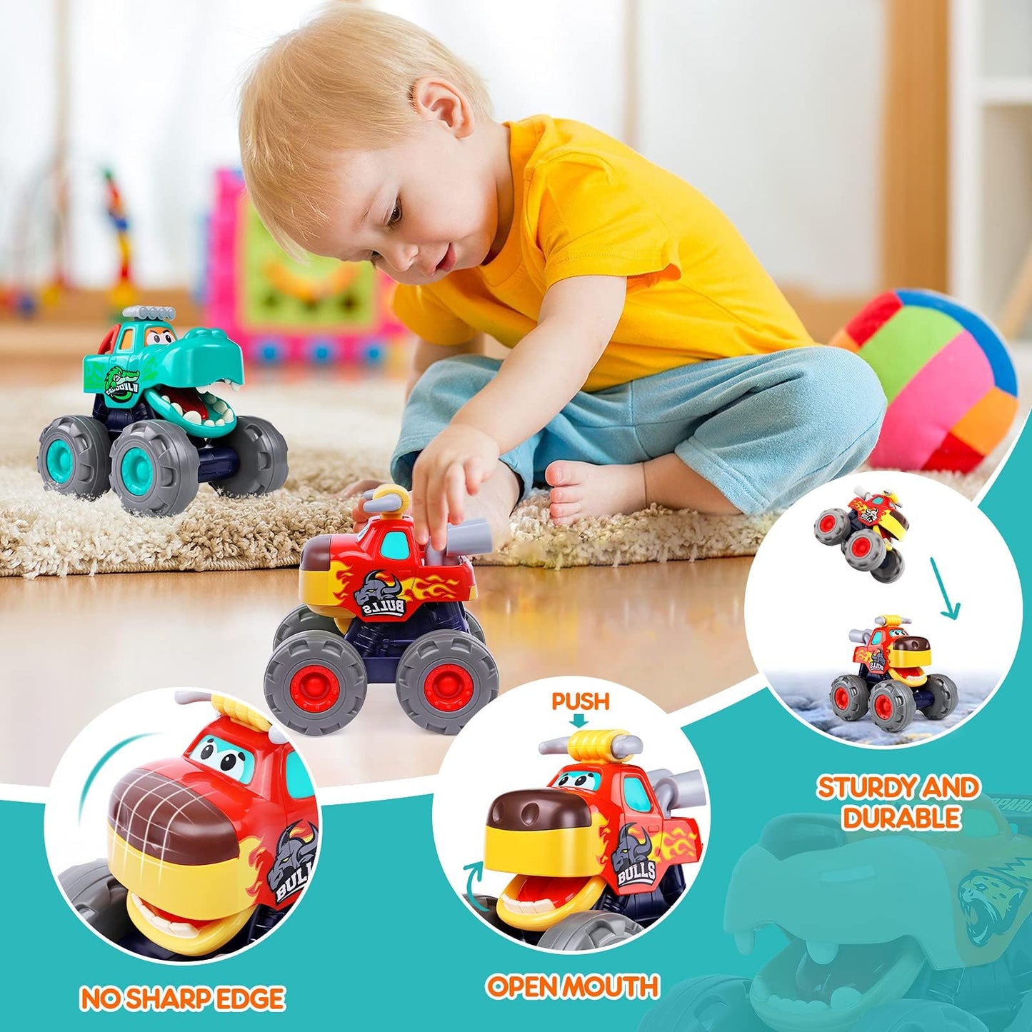 Toy Cars for 1 2 3 Year Old 3 Pack Monster Truck Toys Crocodile Bull Leopard Pull Back Car Big Wheel Animal Toy Trucks for Toddler 1-3 Baby Toys 12 18 Months Boy Girl Toddler Toy for 1 Year Old Gift