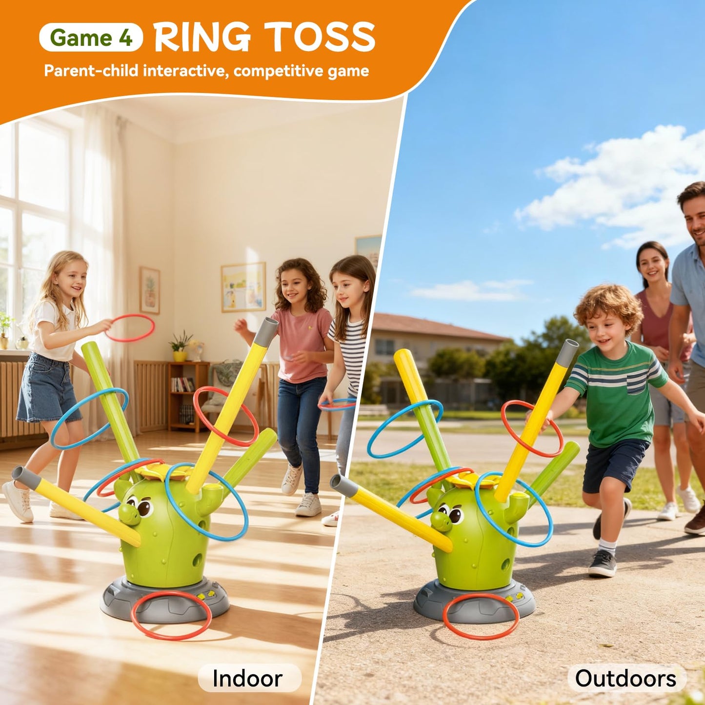 Cactus 4-in-1 Musical Jumping Toys Set with Ring Toss, Stomping Rocket Launcher and Baseball Game, Fun Indoor and Outdoor Toys for Active Play Sports Toy for Kids Ages 3 4 5 6 7 8+ Boys & Girls.