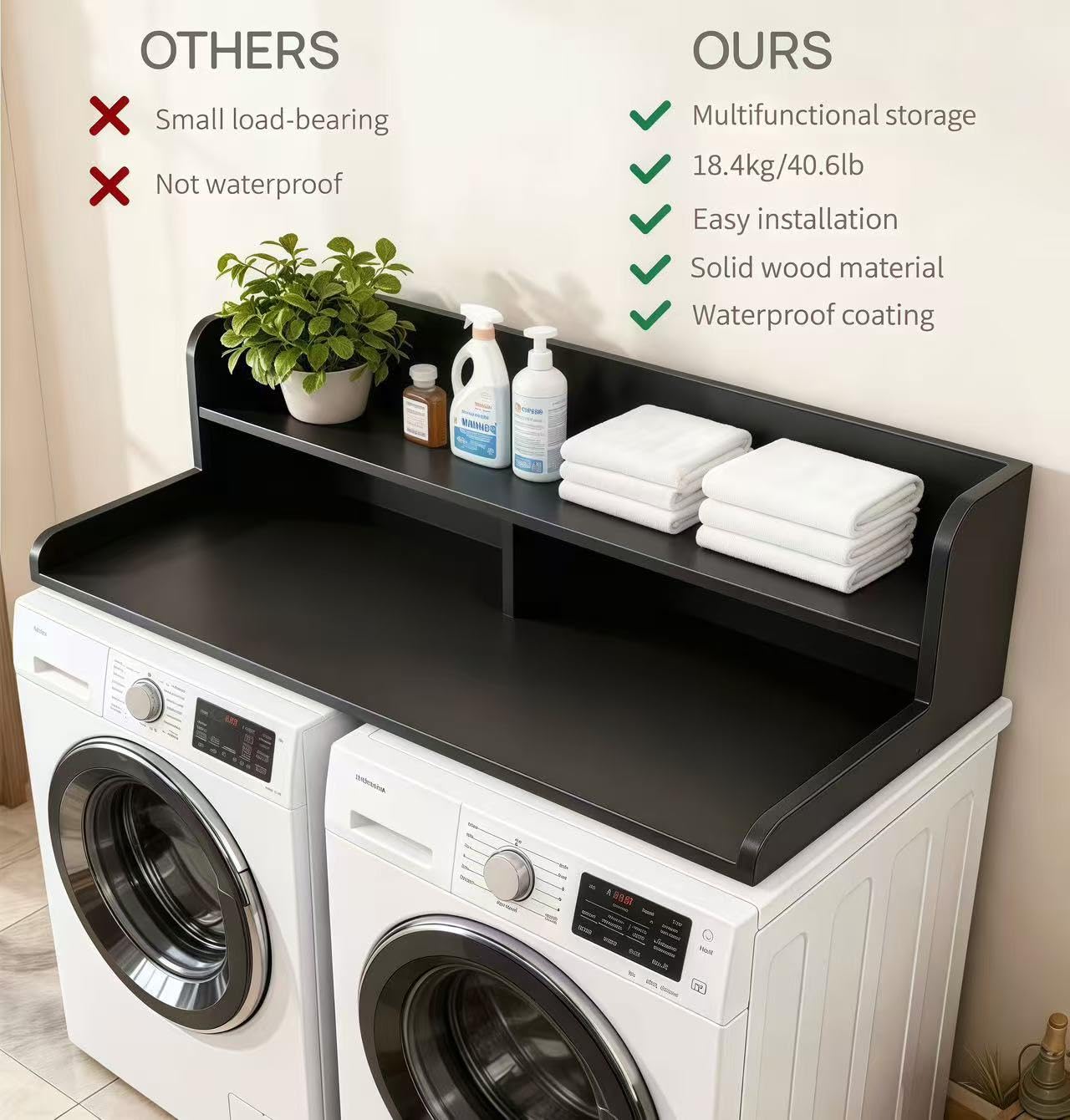 NAT MEYA 2-Tier Washer and Dryer Countertop, 54" W x 27.6" D Laundry Room Organization,Washer Dryer Topper Storage for Folding Clothes Over Washer and Dryer-Black